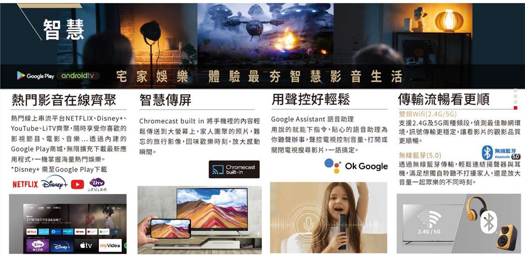 智慧Google Play  宅家娛樂 體驗最夯智慧影音生活熱門影音在線齊聚 智慧傳屏熱門線上串流平台NETFLIXDisneyYouTube、齊聚,隨時享受你喜歡的影視節目、電影、音樂...透過內建的Google Play商城,無限擴充下載最新應用程式,一機掌握海量熱門娛樂。* Disney 需至Google Play下載NETFLIX +LiTVChromecast built in 將手機裡的內容輕鬆傳送到大螢幕上,家人團聚的照片,難忘的旅行影像,回味歡樂時刻,放大感動瞬間。Chromecast built-in用聲控好輕鬆Google Assistant 語音助理用說的就能下指令,貼心的語音助理為你聽聲辦事,聲控電視控制音量、打開或關閉電視搜尋影片,一語搞定。傳輸流暢看更順Wifi(2.4G/5G)支援2.4G及5G兩種頻段,偵測最佳聯網環境,訊號傳輸更穩定,讓看影片的觀影品質更順暢。藍芽() 無線 5.0Ok Google透過無線藍芽傳輸,輕鬆連結揚聲器與耳機,滿足想獨自聆聽不打擾家人,還是放大音量一起眾樂的不同時刻。myVide2.4G/5G