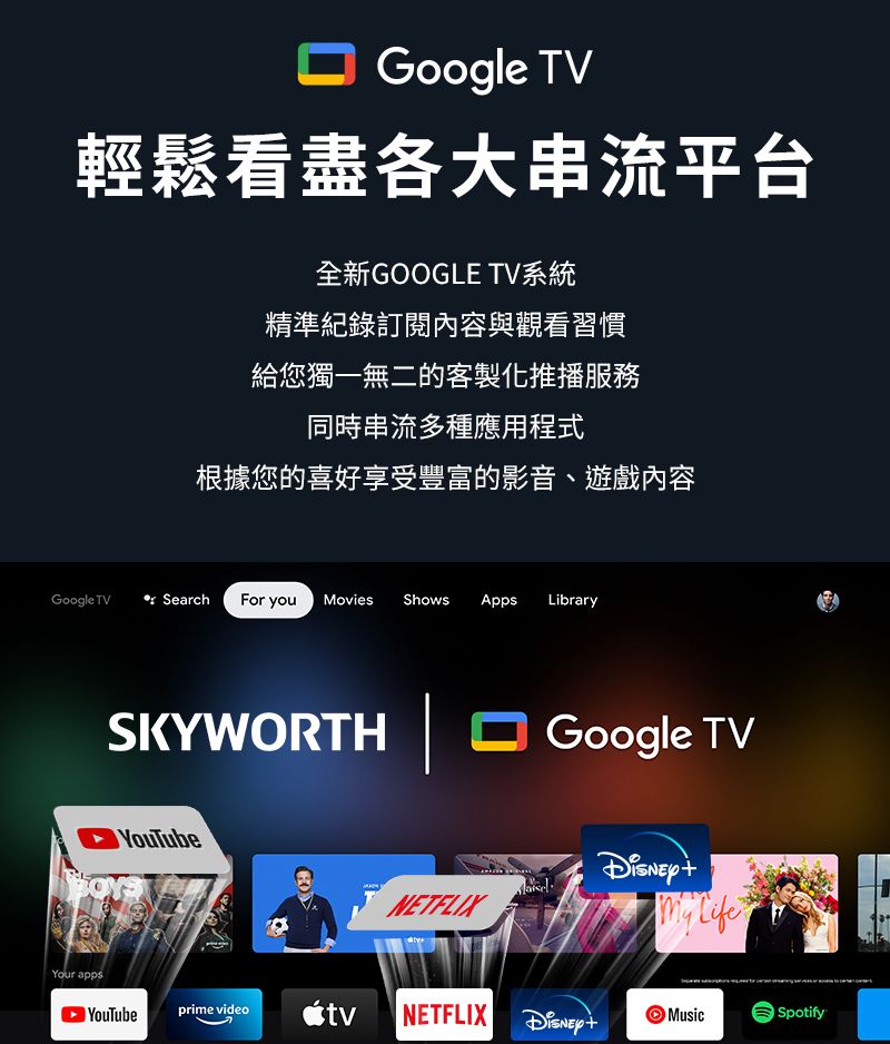 Google TV輕鬆看盡各大串流平台全新GOOGLE TV系統精準紀錄訂閱內容與觀看習慣給您獨一無二的客製化推播服務同時串流多種應用程式根據您的喜好享受豐富的影音、遊戲內容Google TVSearch For you Movies Shows Apps LibrarySKYWORTH | Google TVYouTubeYour appsYouTubeNETFLIX prime videoNETFLIX MusicSpotify