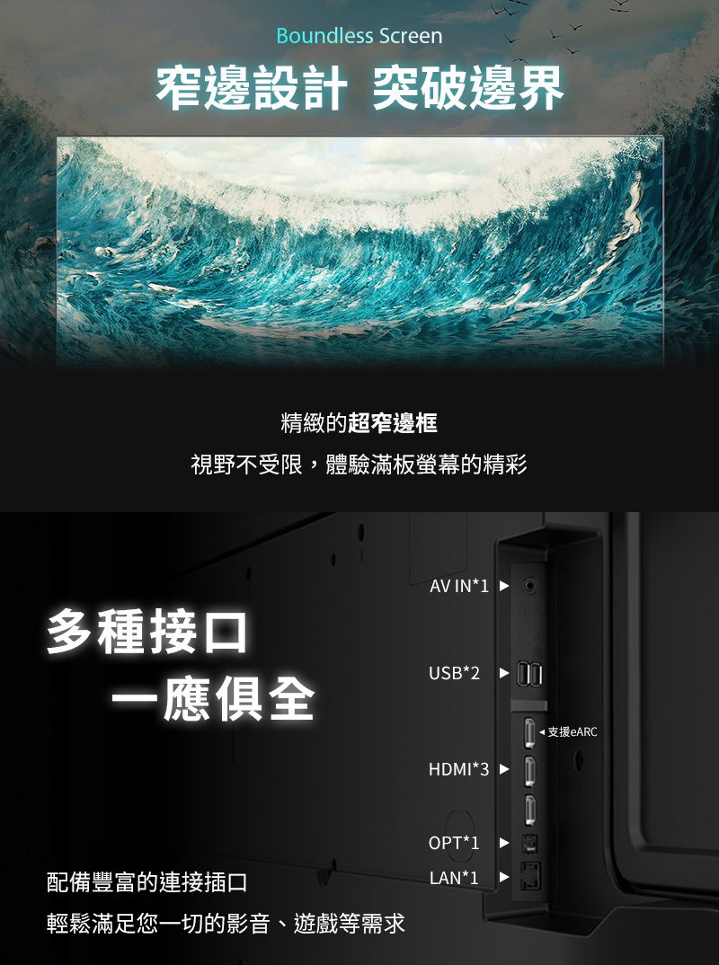 Boundless Screen窄邊設計 突破邊界精緻的超窄邊框視野不受限,體驗滿板螢幕的精彩多種接口一應俱全AV IN*1USB*2HDMI*3OPT*1配備豐富的連接插口LAN*1輕鬆滿足您一切的影音、遊戲等需求支援eARC