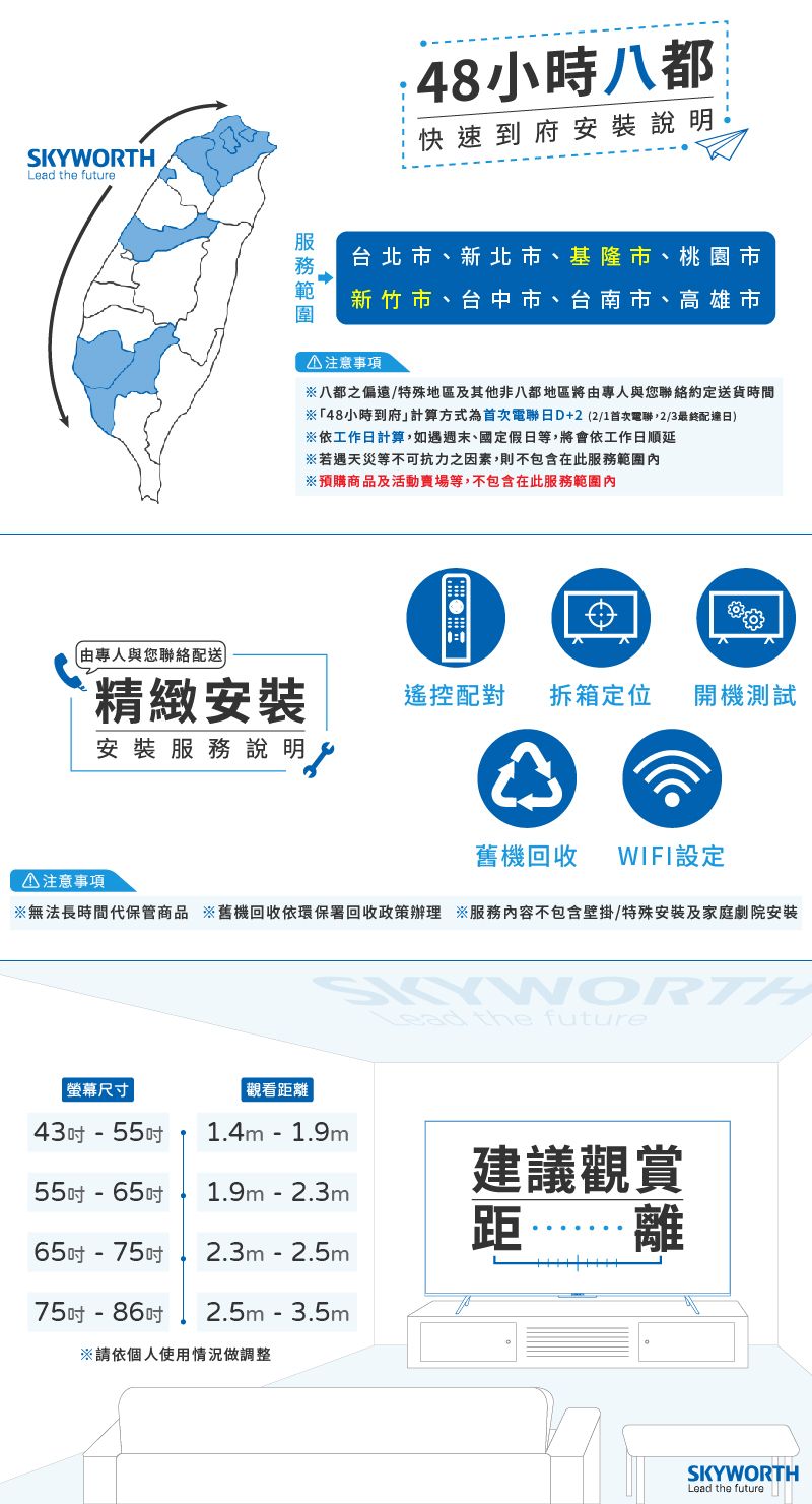 SKYWORTHLead the future專人與您絡配送):48小時八都快速到府安裝說明台北市、新北市、基隆市、桃園市新竹市、台中市、台南市、高雄市①注意事項八都之偏遠/特殊地區及其他非八都地區將由專人與您聯絡約定送貨時間※「48小時到府」計算方式為首次電聯日D+2(2/1首次電聯,2/3最終配達日)※依工作日計算,如遇週末、國定假日等,將會依工作日順延※若遇天災等不可抗力之因素,則不包含在此服務範圍※預購商品及活動賣場等,不包含在此服務範圍精緻安裝遙控配對拆箱定位 開機測試安裝服務說明①注意事項舊機回收 WIFI設定※無法長時間代保管商品 ※舊機回收依環保署回收政策辦理 ※服務內容不包含壁掛/特殊安裝及家庭劇院安裝Lead the future螢幕尺寸觀看距離43- 55吋1.4m- 1.9m55吋-65吋1.9m-2.3m距65吋-75吋2.3m-2.5m建議觀賞離75吋-86吋2.5m - 3.5m※請依個人使用情況做調整SKYWORTHLead the future