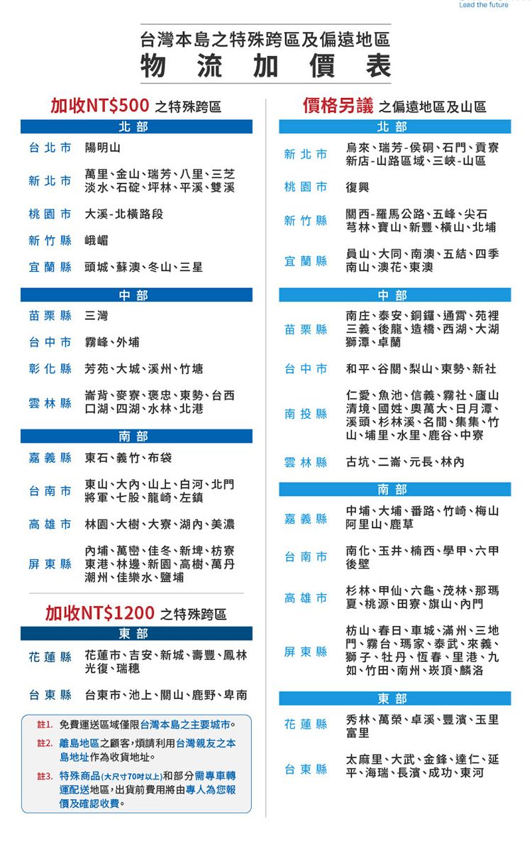 台灣本島特殊跨區及地區物流加表加收NT$500之特殊跨區Lead the future價格之偏遠地區及山區北部北部台北市陽明山新北市烏來瑞芳侯硐、石門、貢寮新店-山路區域、三峽-山區新北市萬里、金山、瑞芳、八里、三芝淡水、石碇、坪林、平溪、雙溪桃園市復興桃園市 大溪-北路段新竹縣關西-羅馬公路、五峰、尖石芎林、寶山、新豐、、北埔新竹縣峨嵋宜蘭縣宜蘭縣-頭城、蘇澳、冬山、三星員山、大同、南澳、五結、四季南山、澳花、東澳中部苗栗縣三灣苗栗縣台中市霧峰、外埔中部南庄、泰安、銅鑼、通霄、苑裡三義、後龍、造橋、西湖、大湖獅潭、卓蘭彰化縣芳苑、大城、溪州、竹塘台中市和平、谷關、梨山、東勢、新社雲林縣背、麥寮、褒忠、東勢、台西口湖、四湖、水林、北港南投縣南部仁愛、魚池、信義、霧社、廬山清境、國姓、奧萬大、日月潭、溪頭、杉林溪、名間、集集、竹山、埔里、水里、鹿谷、中寮嘉義縣東石、義竹、布袋雲林縣古坑、二崙、元長、林台南市東山、大、山上、白河、北門將軍、七股、龍崎、左鎮南部高雄市林園、大樹、大寮、湖、美濃嘉義縣中埔、大埔、番路、竹崎、梅山阿里山、鹿草內埔、萬巒、佳冬、新埤、枋寮屏東縣東港、林邊、新園、高樹、萬丹潮州、佳樂水、鹽埔台南市高雄市加收NT$1200 之特殊跨區花蓮縣花蓮市、吉安、新城、壽豐、鳳林光復、瑞穗屏東縣台東縣台東市、池上、關山、鹿野、卑南南化、玉井、楠西、學甲、六甲後壁杉林、甲仙、六龜、茂林、那瑪夏、桃源、田寮、旗山、內門枋山、春日、車城、滿州、三地門、霧台、瑪家、泰武、來義、獅子、牡丹、恆春、里港、九如、竹田、南州、崁頂、麟洛東部註1.免費運送區域僅限台灣本島主要城市。註2.離島地區之顧客,煩請利用台灣親友之本島地址作為收貨地址。花蓮縣秀林、萬榮、卓溪、豐濱、玉里富里台東縣太麻里、大武、金鋒、達仁、延平、海瑞、長濱、成功、東河註特殊商品(大尺寸70以上)和部分需專車轉運配送地區,出貨前費用將由專人為您報價及確認收費。
