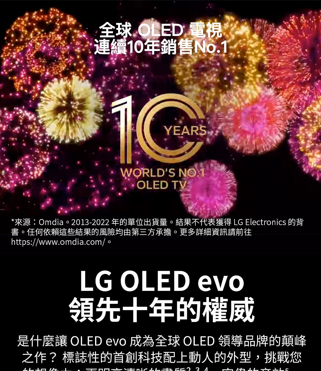 全球 OLED 電視連續10年銷售No.1YEARS.WORLDS OLED TV*來源:Omdia。2013-2022 年的單位出貨量。結果不代表獲得 LG Electronics 的背書。任何依賴這些結果的風險均由第三方承擔。更多詳細資訊請前往https://www.omdia.com/。LG OLED evo領先十年的權威是 OLED evo 成為全球 OLED 領導品牌的顛峰之作?標誌性的首創科技配上動人的外型,挑戰您