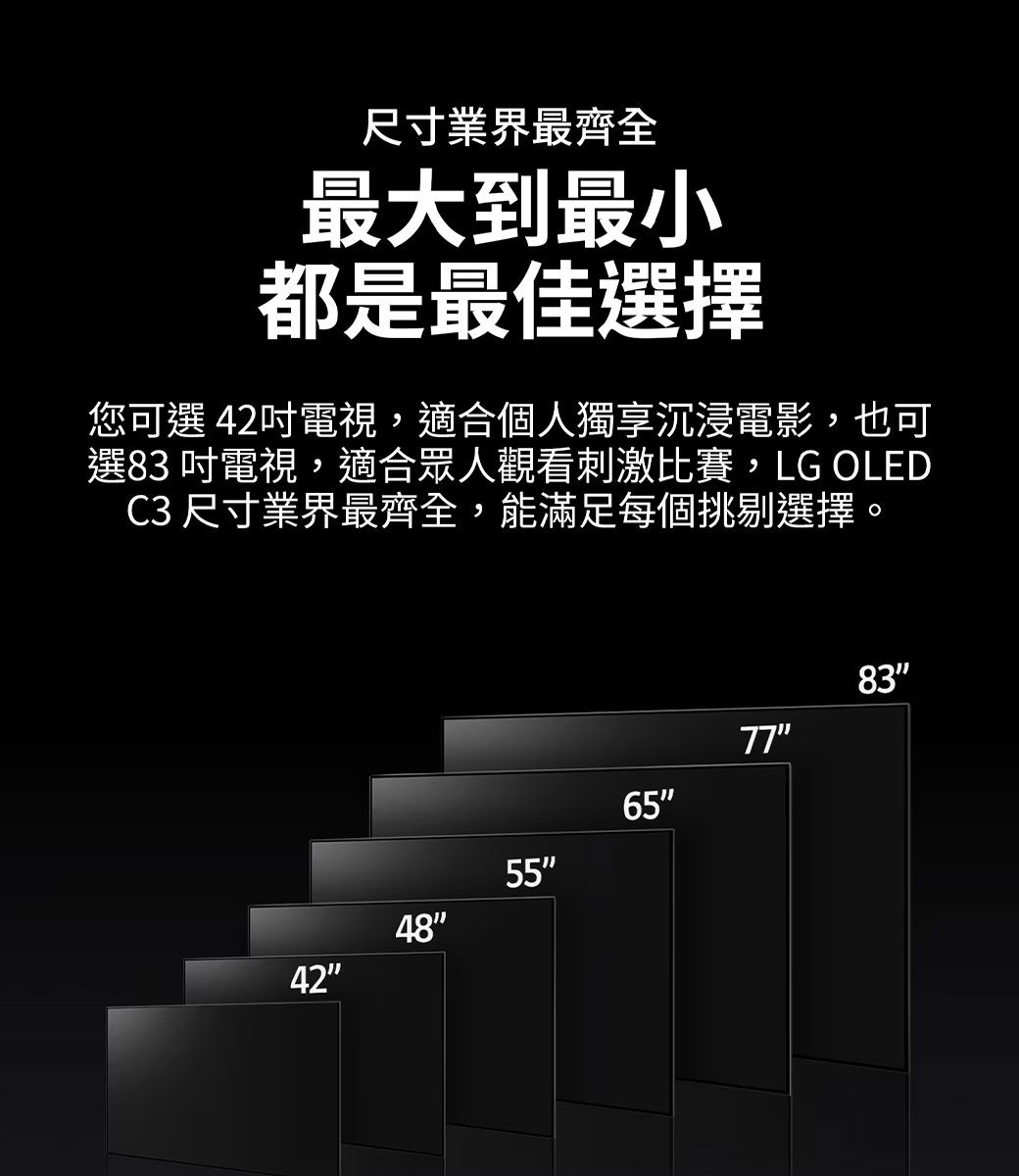 尺寸業界最齊全最大到最小都是最佳選擇您可選42吋電視,適合個人獨享沉浸電影,也可選83吋電視,適合眾人觀看刺激比賽,LG OLEDC3 尺寸業界最齊全,能滿足每個挑剔選擇。837765554842