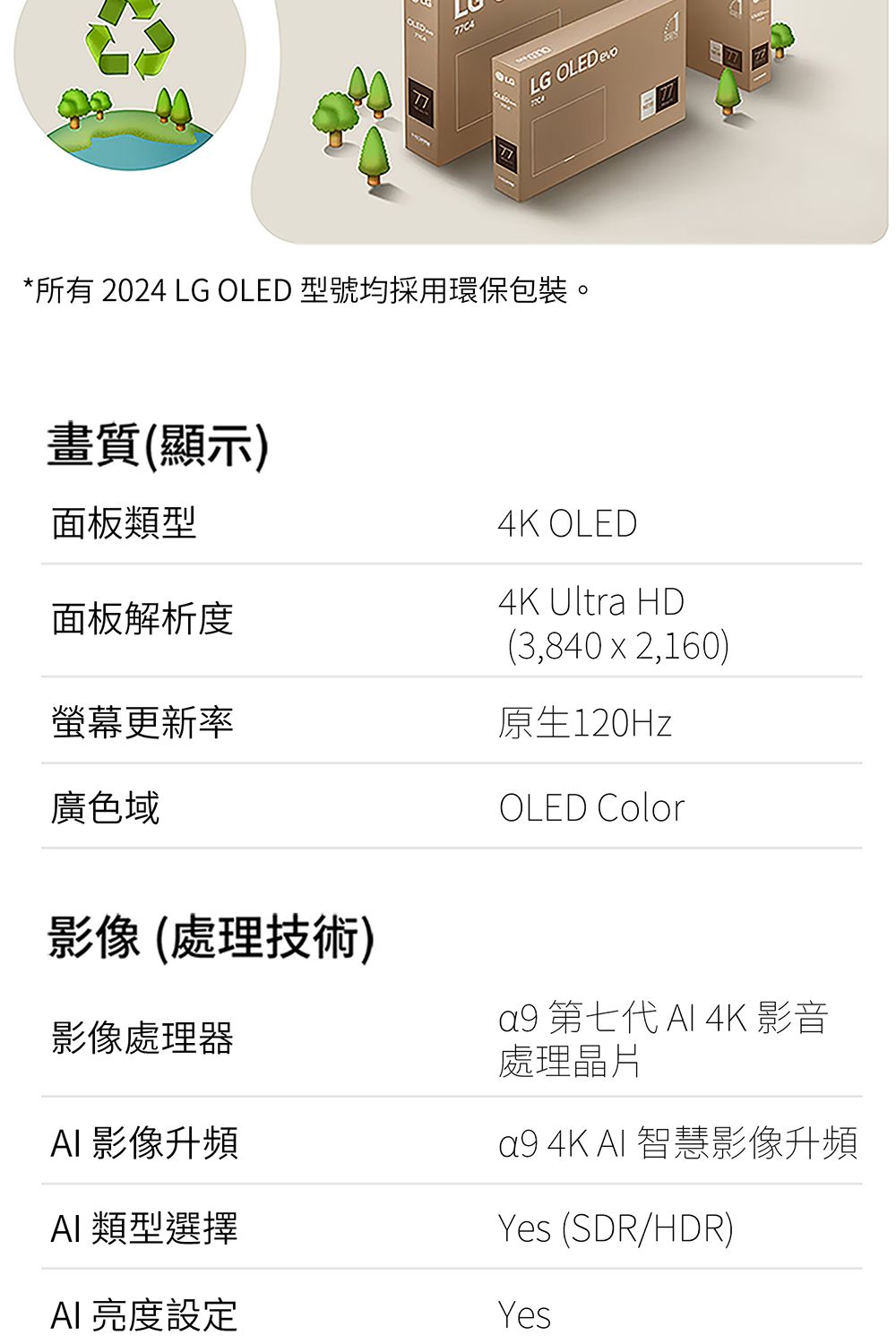 LG OLED *所有 2024 LG OLED 型號均採用環保包裝。畫質(顯示)4K OLED4K Ultra HD面板類型面板解析度螢幕更新率原生120Hz(3,840  2,160)廣色域影像(處理技術)影像處理器 影像升頻 類型選擇 亮度設定OLED Color 第七代  4K 影音處理晶片 4K AI 智慧影像升頻Yes (SDR/HDR)Yes