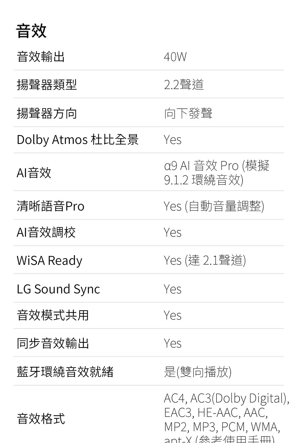音效音效輸出揚聲器類型揚聲器方向Dolby Atmos 杜比全景AI音效40W2.2聲道向下發聲Yes  音效 Pro 模擬9.1.2 環繞音效Yes (自動音量調整)YesYes (達 2.1聲道)清晰語音ProAI音效調校 ReadyLG Sound SyncYes音效模式共用Yes同步音效輸出藍牙環繞音效就緒音效格式Yes是(雙向播放)AC4, AC3(Dolby Digital),EAC3, HEAAC, AAC,MP2, MP3, PCM, WMA,ant- ()