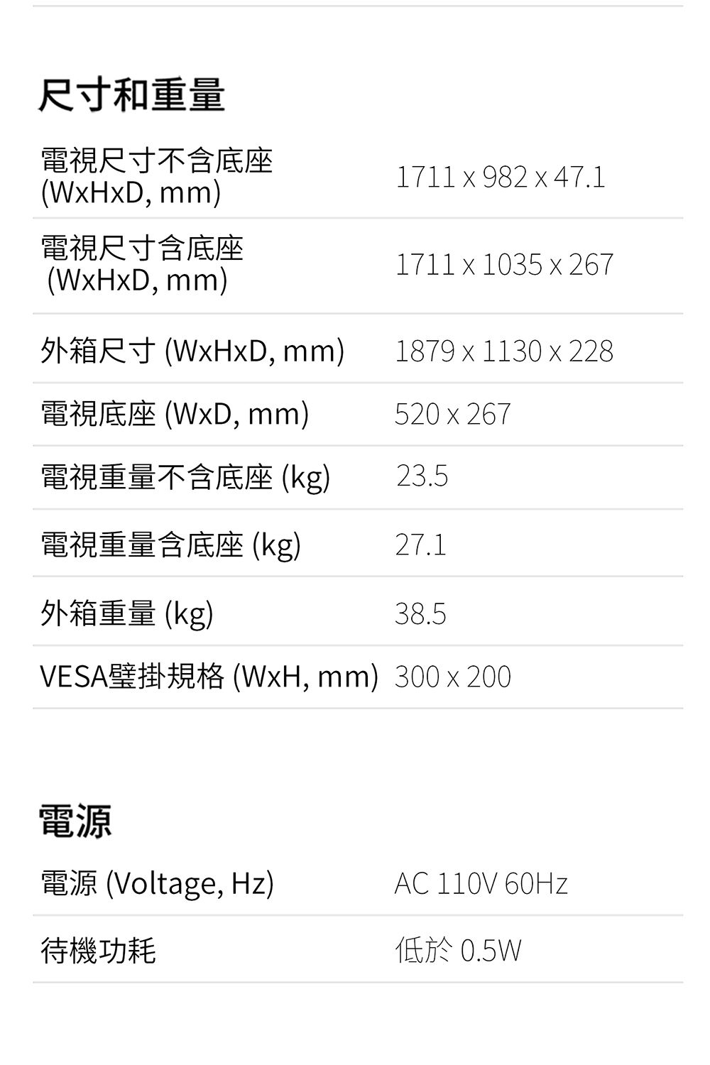 尺寸和重量電視尺寸不含底座WHxD mm)1711x982 x 47.1電視尺寸含底座(WxHxD, mm)1711x1035x267外箱尺寸 (WxHxD, mm)1879x1130 x 228電視底座(WxD, mm)520x267電視重量不含底座(kg)23.5電視重量含底座 (kg)27.1外箱重量(kg)38.5VESA壁掛規格(WxH, mm) 300x200電源電源 (Voltage, Hz)AC 110V 60Hz待機功耗低於0.5W
