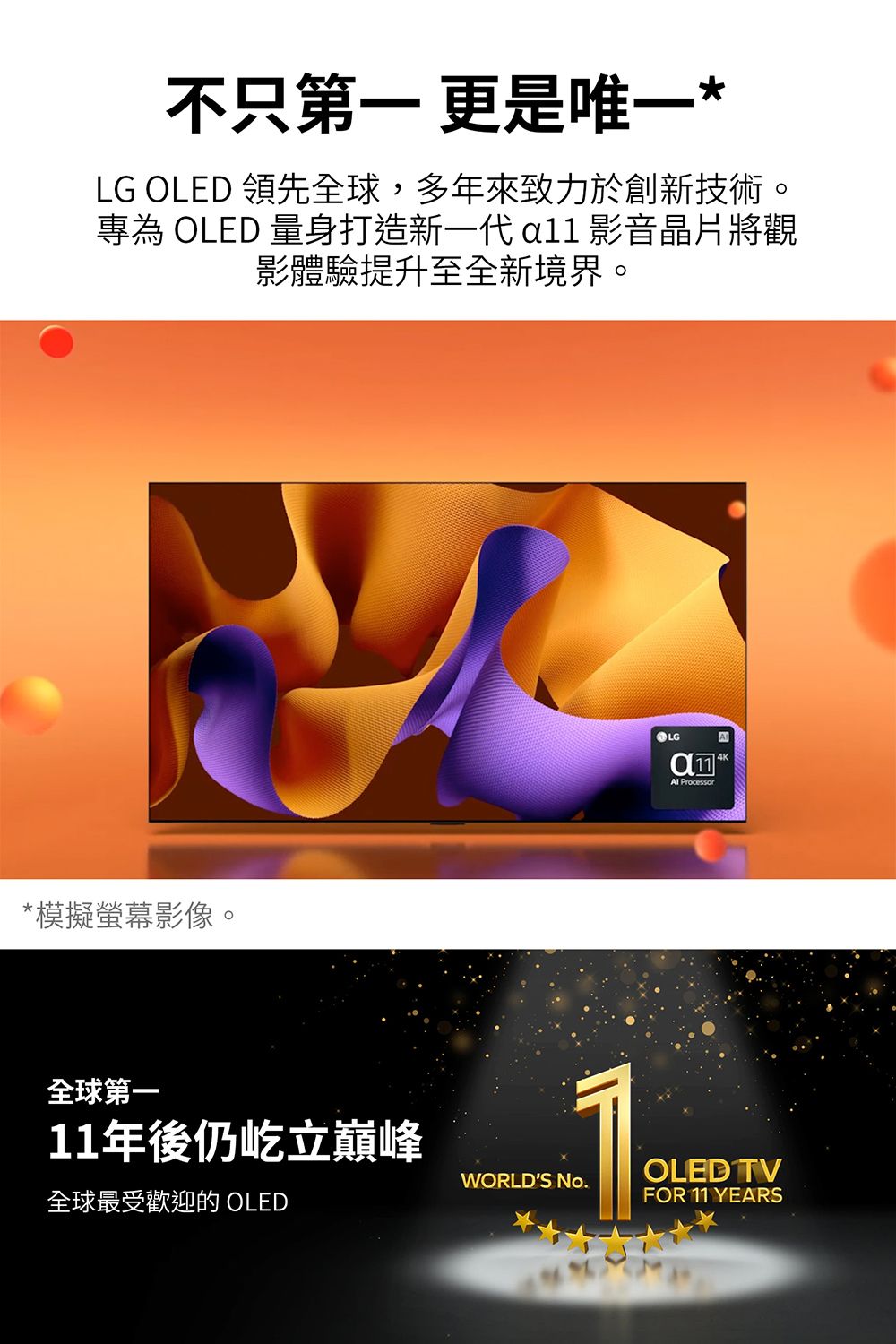 不只第一 更是唯一*LG OLED 領先全球,多年來致力於創新技術。專為 OLED 量身打造新一代  影音晶片將觀影體驗提升至全新境界。*模擬螢幕影像。11年後仍屹立巔峰全球最受歡迎的 OLEDLG A4KWORLDS No.OLED TVFOR 11 YEARS
