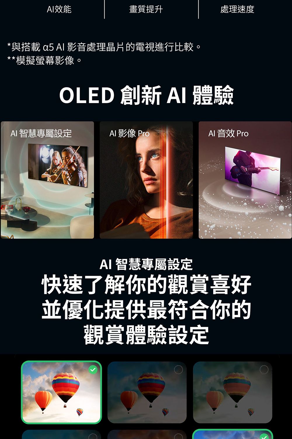 效能畫質提升處理速度*與搭載 5  影音處理晶片的電視進行比較。**模擬螢幕影像。OLED 創新  體驗AI 智慧專屬設定AI 影像 ProAI 音效 ProAI 智慧專屬設定快速了解你的觀賞喜好並優化提供最符合你的觀賞體驗設定