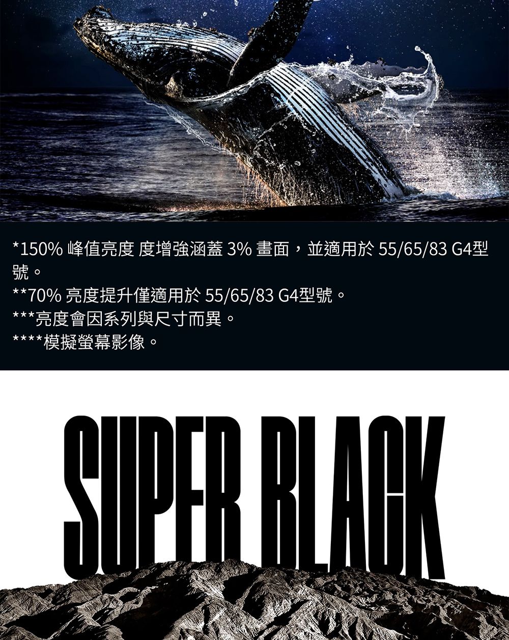 *150 峰值亮度 度增強涵蓋 3% 畫面,並適用於 55/65/83 G4型號**70% 亮度提升僅適用於55/65/83 G4型號。*亮度會因系列與尺寸而異。*模擬螢幕影像。