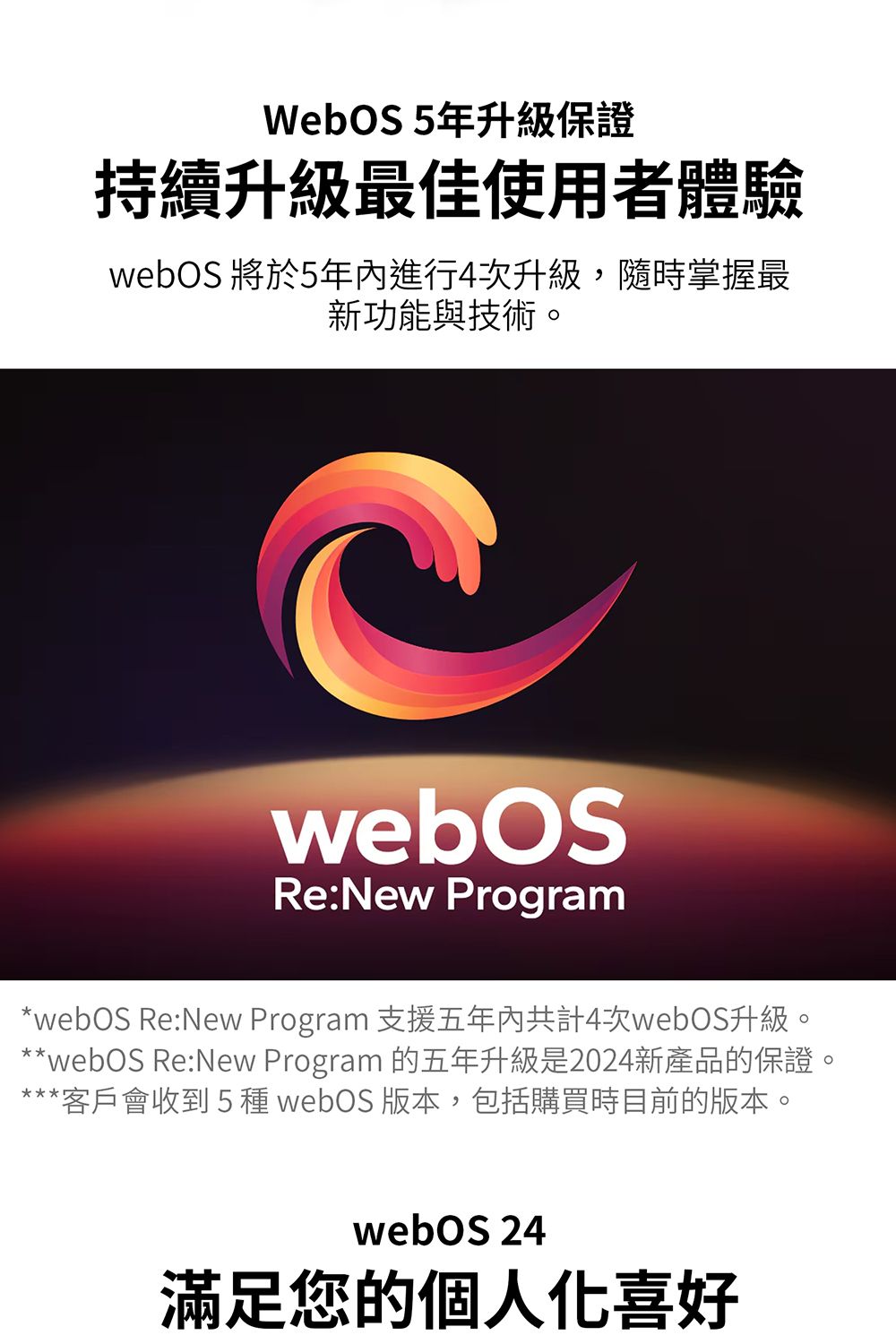 WebOS 5年升級保證持續升級最佳使用者體驗 將於5年內進行4次升級,隨時掌握最新功能與技術。webOSRe:New Program*webOS Re:New Program 支援五年內共計4次webOS升級。**webOS Re:New Program 的五年升級是2024新產品的保證。**客戶會收到5種 webOS 版本,包括購買時目前的版本。webOS 24滿足您的個人化喜好