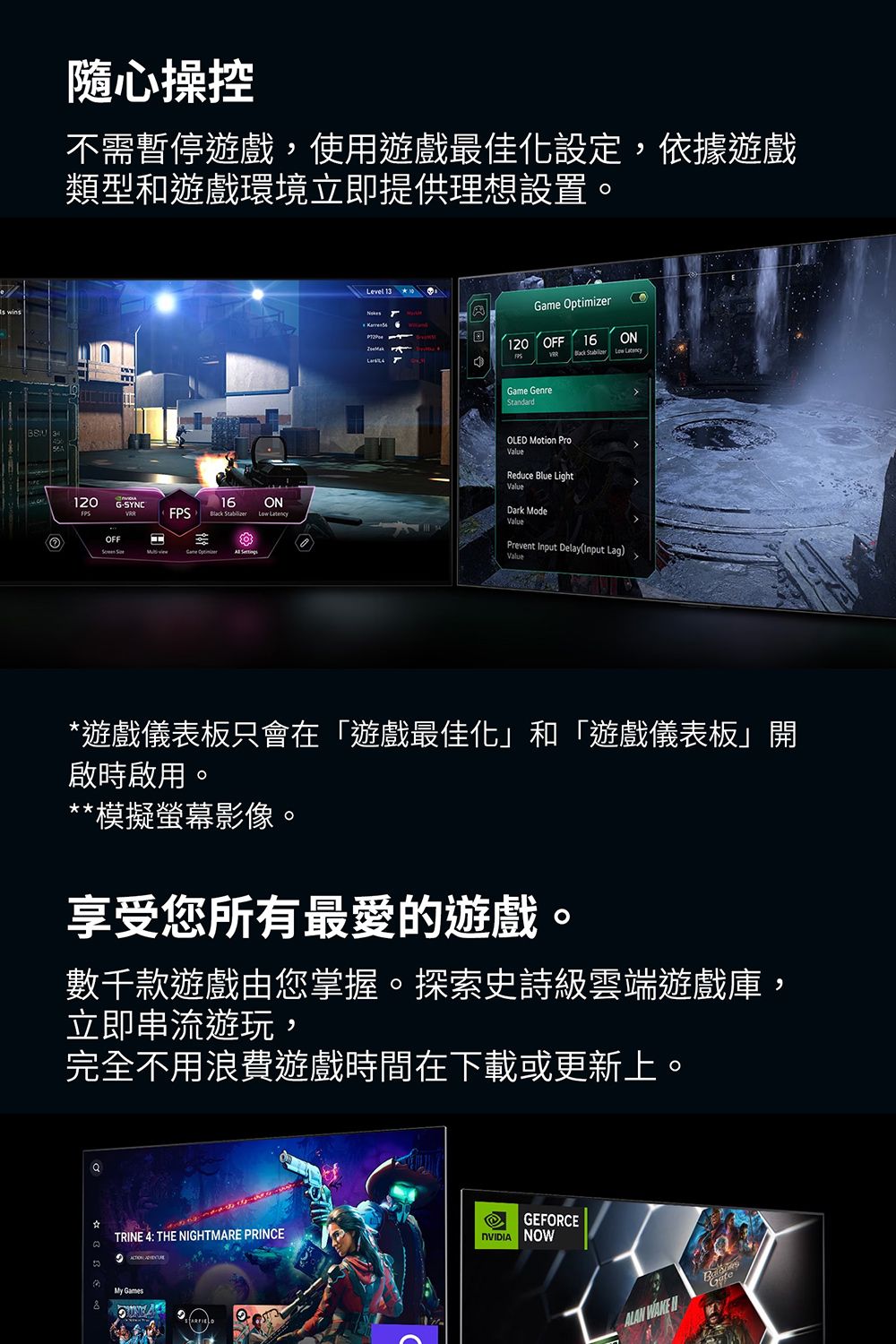 隨心操控不需暫停遊戲,使用遊戲最佳化設定,依據遊戲類型和遊戲環境立即提供理想設置。120 G-SYNC16ONFPS  OFF  Level Game Optimizer120 OFF16 ONGame GenreStandardOLED Motion ProValueReduce Blue LightValueDark ModeValuePrevent Input Delay(Input LagValue遊戲儀表板只會在「遊戲最佳化」和「遊戲儀表板」開啟時啟用。**模擬螢幕影像。享受您所有最愛的遊戲。數千款遊戲由您掌握。探索史詩級雲端遊戲庫,立即串流遊玩,完全不用浪費遊戲時間在下載或更新上。*GEFORCETRINE 4: THE NIGHTMARE PRINCE NOW My ALAN WAKE