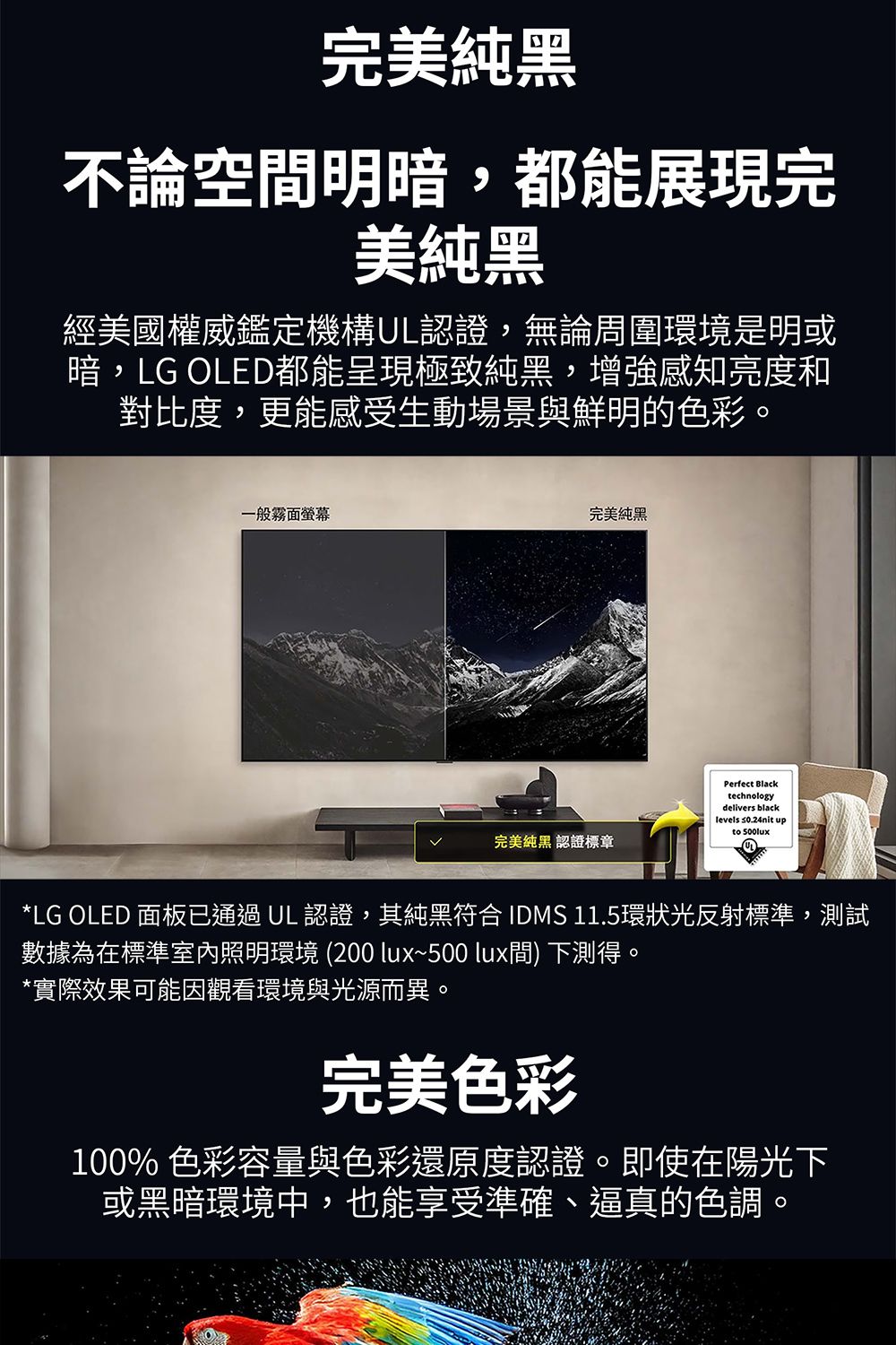 完美純黑不論空間明暗,都能展現完美純黑經美國權威鑑定機構UL認證,無論周圍環境是明或暗,LG OLED都能呈現極致純黑,增強感知亮度和對比度,更能感受生動場景與鮮明的色彩。一般霧面螢幕完美純黑完美純黑 認證標章Perfect Blacktechnologydelivers black ≤0.24nit upto *LG OLED 面板已通過 UL 認證,其純黑符合IDMS 11.5環狀光反射標準,測試數據為在標準室內照明環境 (200 ~500 lux間) 下測得。*實際效果可能因觀看環境與光源而異。完美色彩100% 色彩容量與色彩還原度認證。即使在陽光下或黑暗環境中,也能享受準確、逼真的色調。