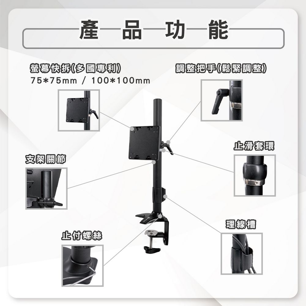 產品功能螢幕快拆(多國專利調整把手(鬆緊調整75*75mm / 100*100mm支架關節止滑套環理線槽止付螺絲