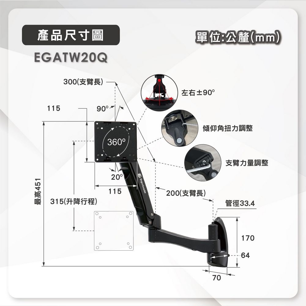 ErgoGrade 快拆式鋁合金雙旋臂互動壁掛式螢幕支架(EGATW20Q)