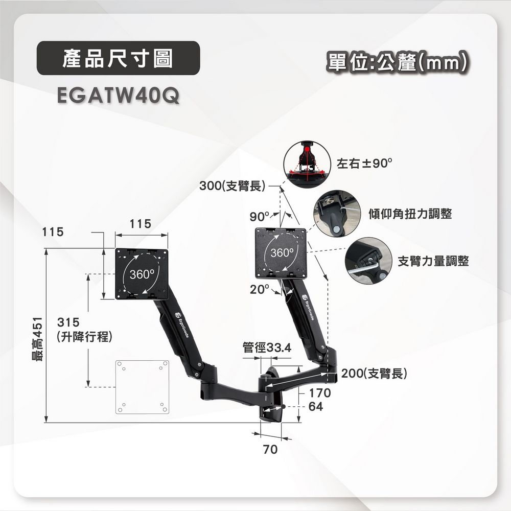 ErgoGrade 快拆式鋁合金四旋臂互動壁掛式螢幕支架(EGATW40Q)