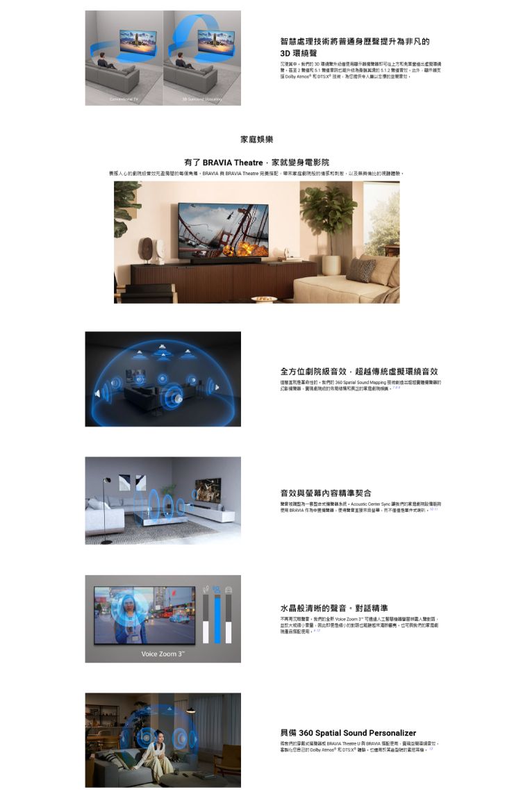 智慧處理普通身歷聲升非凡D 環繞聲 此外 Dolby  技術為娛樂了  就變身電影院心充盈    完美以及視體驗Voice Zoom 3全方位院級音越傳統虛擬環繞音效 360 Spatial Sound Mepping 技術音效螢幕內容精準契合 Center  講家  水晶般清晰聲音精準有超的  Zoom 3 對話並的對話的與我們的家庭劇具備 360 Spatial Sound Personalizer將我們的  Theatre  BRAVIA 使用提效。客的 Dolby   的,