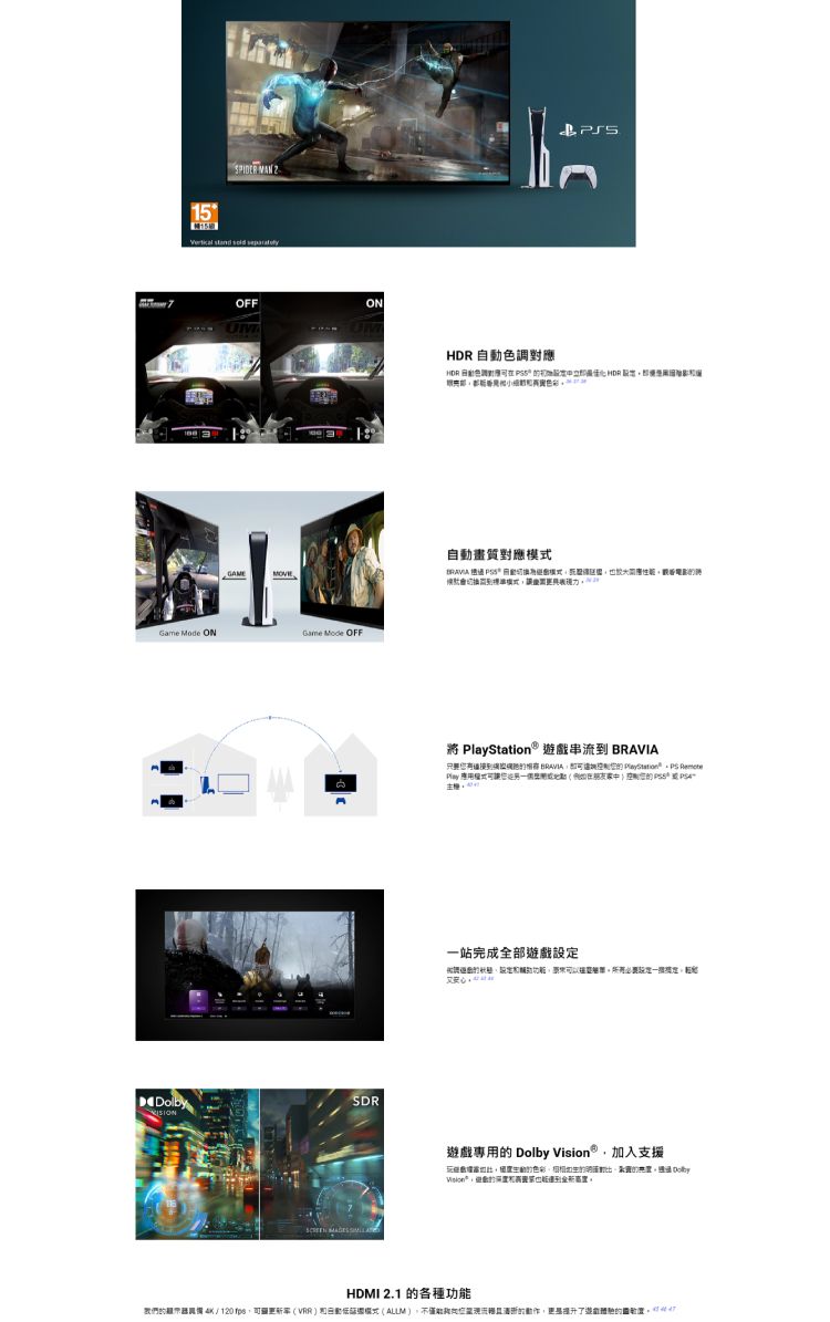 15 stand  ON  ONGame Mode OFFSDR   自HDR 色對   HDR自畫質對應   動式應觀模 ® 遊串流到 只要 BRAVIA Station  Play 在朋友 一站完成全部遊戲調輔助設定遊戲專用 Dolby Vision®加入支援戲色彩 DolbyHDMI 2.1 各種功我們的 4K/120 可動(,能的,了遊戲的