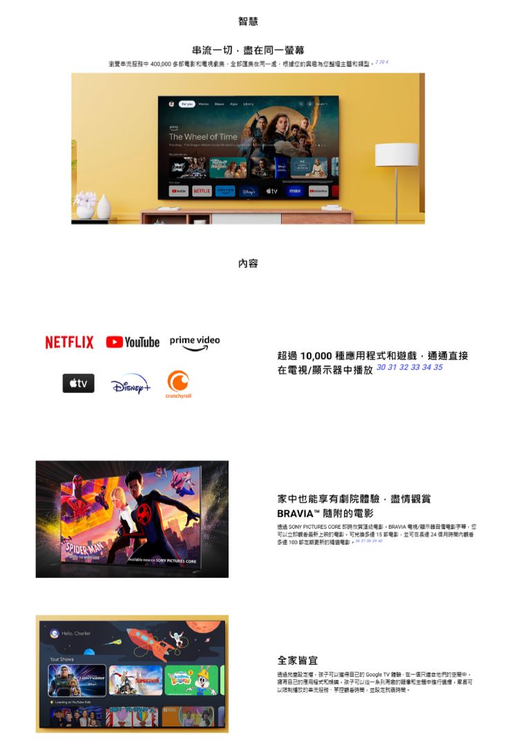 智慧一切盡螢幕瀏覽串流 400000多全匯集在同一據The Wheel of Time 內容NETFLIX   video超過00種應用遊戲通通直接在電視/播放 30 31 32 33 34 35家中也能享劇院體驗盡情觀賞BRAVIA 透過    即時欣賞電影BRAVIA 電視/顯示器電影您以立即最新上映電影部電影在 24 個月根100 部更新電影的SPIDER SONY PICTURES CORE Your 全家皆宜透過,孩子可以的 Google TV 體驗,在一個只的中,擁有自己的應用程式和,孩子可以從一系列有的和中。可以限制播放的電流服務,並設定。