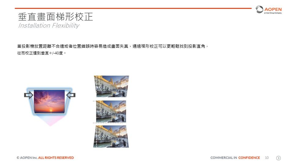 垂直畫面梯形校正Installation Flexibility當投影機放置距離不合適或者位置錯誤時容易造成畫面失真,通過梯形校正可以更輕鬆找到投影直角,從而校正達到垂直+/-40度。AOPEN   AOPEN  ALL RIGHTS RESERVEDCOMMERCIAL IN CONFIDENCE 10