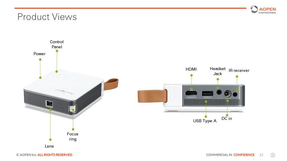 Product ViewsPowerControlPelHDMIHeadset  receiverJackFocusUSB Type AringLensAOPEN  ALL RIGHTS RESERVEDDC inAOPENan   COMMERCIAL IN CONFIDENCE 12