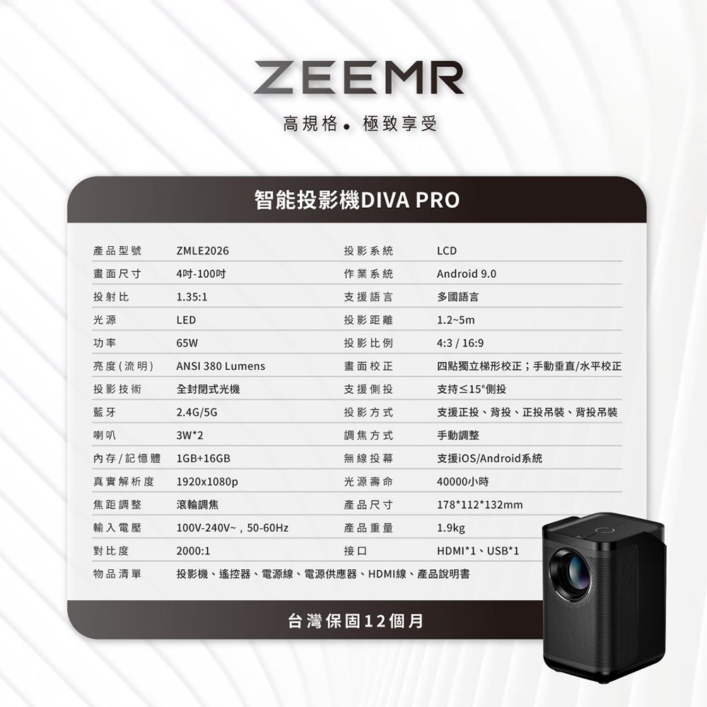 ZEEMR高規格極致享受智能影機DIVA PRO產品型號ZMLE2026投影系統LCD畫面尺寸4-100吋作業系統Android 9.0投射比1.35:1光源LED支援語言投影距離多國語言1.2~5m功率65W投影比例4:3 16:9亮度(流明)ANSI 380 Lumens畫面校正投影技術全封閉式光機支援側投四點獨立梯形校正;手動垂直水平校正支持≤15°側投藍牙2.4G/5G投影方式支援正投背投、正投、背投吊裝喇叭3W*2調焦方式手動調整內存/記憶體1GB+16GB無線投幕支援iOS/Android系統真實解析度1920x1080p焦距調整滾輪調焦輸入電壓100V-240V~50-60Hz對比度2000:1光源壽命產品尺寸產品重量接口40000小時178*112*132mm1.9kgHDMI*1、USB*1物品清單投影機、遙控器、電源線、電源供應器、HDMI線、產品說明書台灣保固12個月