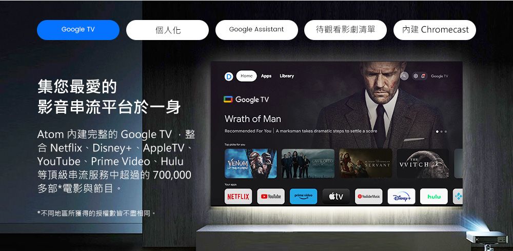 Google TV個人化Google Assistant待觀看影劇清單 Chromecast集您最愛的影音串流平台於一身Atom 內建完整的 Google TV整合 NetflixDisney+、AppleTV、YouTube Prime Video Hulu等頂級串流服務中超過的700,000多部*電影與節目。*不同地區所獲得的授權數皆不盡相同。Home Apps LibraryGoogle TVWrath of ManRecommended For You A marksman takes dramatic steps to settle a score VENOMTHESERVANT VVITCHGoogle TVNETFLIXYouTube hulu