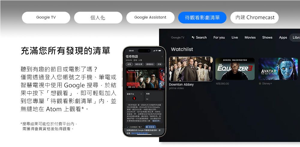 TV人化Google Assistant待內建 Chomecast充滿您所有發現清單怪語 聽到有趣節目或電影了嗎?僅需透過登入您帳號之手機、筆電或智慧電視中用 Google 搜尋結果中按下想觀看即可輕鬆加入到您專屬待觀看清單」內並無縫地 Atom 上觀看**搜尋結果可位於付費平台內需獲會員資格後始得觀看奇物兄弟影於2016年劇2022年2。。 故事在1980年代印地安的「」的能,個「的使。,如要的 Google 得觀看影劇清單,請Google TVr SearchFor youLiveMoviesShows Apps WatchlistDENZEL WASHINGTON ZERAVATAR Downton AbbeyNT$380.00prime Dianey+