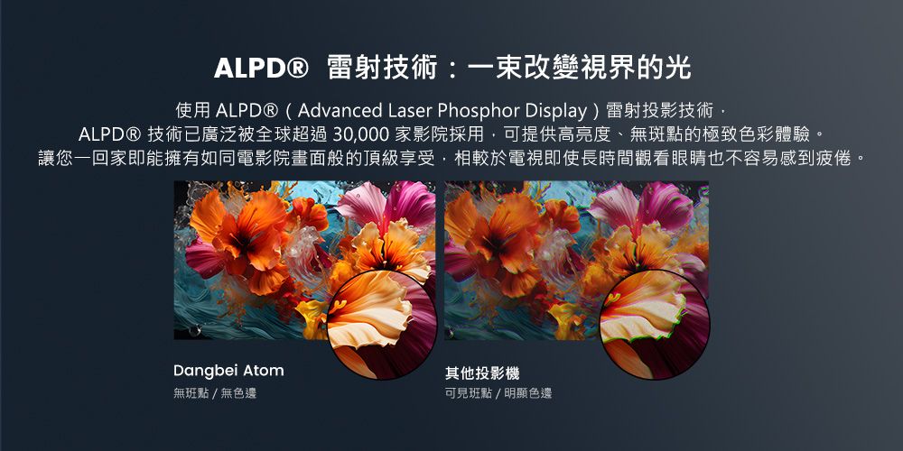 ALPD® 雷射技術:一束改變視界的光使用 ALPDⓇ(Advanced Laser Phosphor Display)雷射投影技術ALPD® 技術廣泛被全球超過30,000家影院採用,可提供高亮度、無斑點的極致色彩體驗。讓您一回家即能擁有如同電影院畫面般的頂級享受,相較於電視即使長時間觀看眼睛也不容易感到疲倦。Dangbei Atom其他投影機無班點/無色邊可見班點/明顯色邊