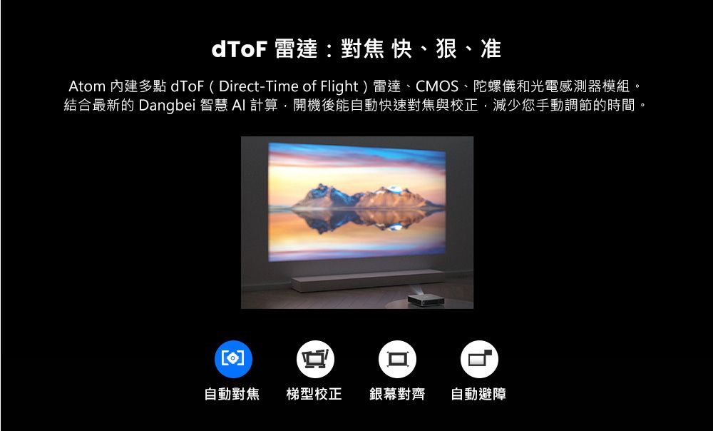 雷達:對焦快、、准Atom 內建多點dToF (Direct-Time of Flight) 雷達、CMOS、陀螺儀和光電感測器模組。結合最新的 Dangbei 智慧 計算開機後能自動快速對焦與校正減少您手動調節的時間。自動對焦 梯型校正 銀幕對齊自動避障