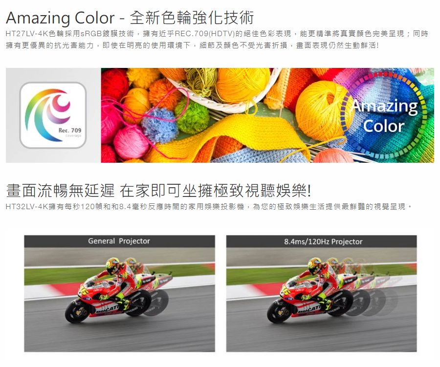Amazing Color - 全新色輪強化技術HT27LV-4K色輪採用sRGB鍍膜技術,擁有近乎REC.709(HDTV)的絕佳色彩表現,能更精準將真實顏色完美呈現;同時擁有更優異的抗光能力,即使在明亮的使用環境下,細節及顏色不受光害折損,畫面表現仍然生動鮮活!Rec. 709AmazingColor畫面流暢無延遲 在家即可坐擁極致視聽娛樂!HT32LV-4K擁有每秒120幀和和8.4毫秒反應時間的家用娛樂投影機,為您的極致娛樂生活提供最鮮豔的視覺呈現。General Projector8.4ms/120Hz Projector