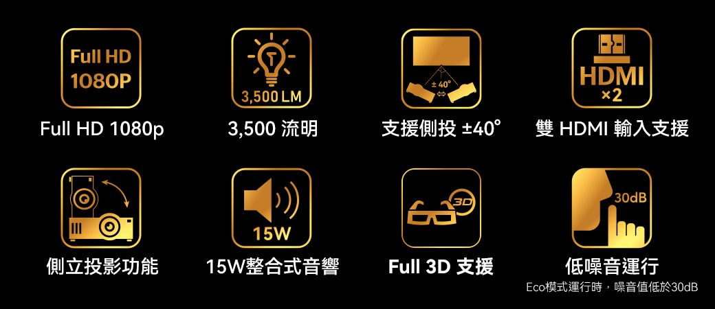 Full HD|1080P3,500 LM40HDMI2Full HD 1080p3,500 流明支援側投 ±40°雙 HDMI 輸入支援3D側立投影功能15W整合式音響Full 3D 支援30dB低噪音運行Eco模式運行時,噪音值低於30dB