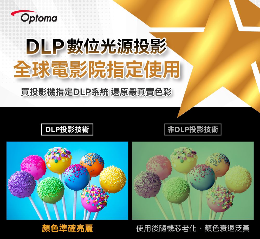 OptomaDLP數位光源投影全球電影院指定使用買投影機指定DLP系統 還原最真實色彩DLP投影技術非DLP投影技術顏色準確亮麗使用後隨機芯老化、顏色衰退泛黃