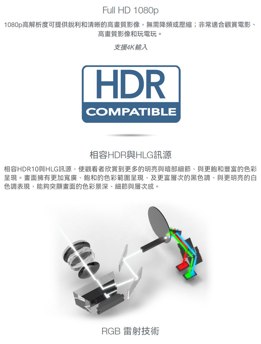 Full HD 1080p1080p高解析度可提供銳利和清晰的高畫質影像,無需降頻或壓縮;非常適合觀賞電影、高畫質影像和玩電玩。支援4K輸入HDRCOMPATIBLE相容HDR與HLG訊源相容HDR10與HLG訊源,使觀看者欣賞到更多的明亮與暗部細節、與更飽和豐富的色彩呈現。畫面擁有更加寬廣、飽和的色彩範圍呈現、及更富層次的黑色調、與更明亮的白色調表現,能夠突顯畫面的色彩景深、細節與層次感。RGB 雷射技術