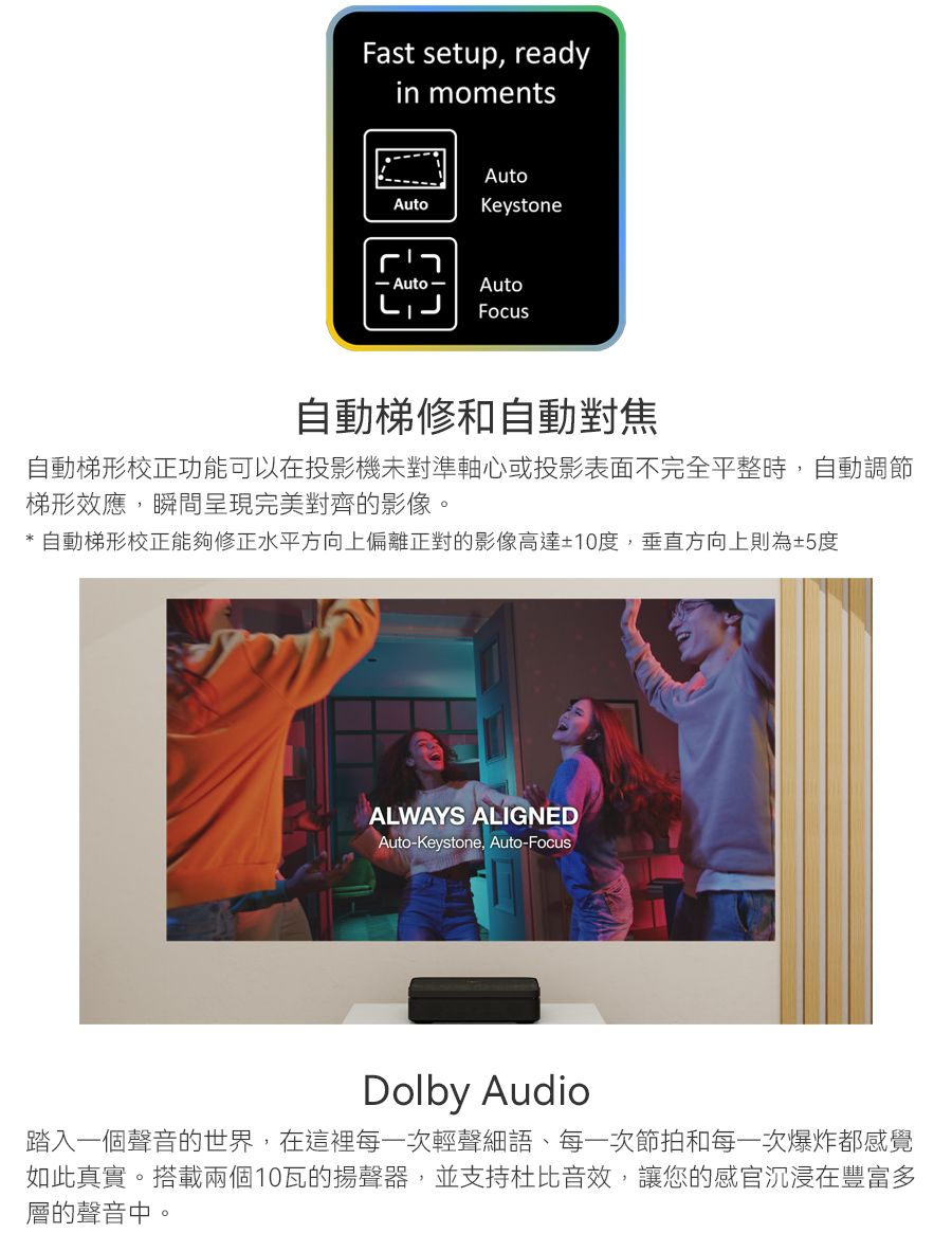 Fast setup, readyin momentsAutoAutoKeystoneAuto-AutoFocus自動梯修和自動對焦自動梯形校正功能可以在投影機未對準軸心或投影表面不完全平整時,自動調節梯形效應,瞬間呈現完美對齊的影像。* 自動梯形校正能夠修正水平方向上偏離正對的影像高達±10度,垂直方向上則為±5度ALWAYS ALIGNEDAuto-Keystone, Auto-FocusDolby Audio踏入一個聲音的世界,在這裡每一次輕聲細語、每一次節拍和每一次爆炸都感覺如此真實。搭載兩個10瓦的揚聲器,並支持杜比音效,讓您的感官沉浸在豐富多層的聲音中。