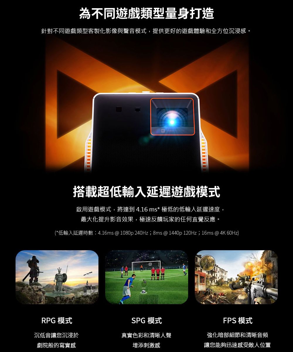 為不同遊戲類型量身打造針對不同遊戲類型客製化影像與聲音模式,提供更好的遊戲體驗和全方位沉浸感。搭載超低輸入延遲遊戲模式啟用遊戲模式,將達到4.16ms* 極低的低輸入延遲速度,最大化提升影音效果,極速反饋玩家的任何直覺反應。(*低輸入延遲時數:4.16ms@1080p 240Hz;8ms @ 1440p 120Hz;16ms @ 4K 60Hz)RPG 模式SPG 模式沉低音讓您沉浸於劇院般的寫實感真實色彩和清晰人聲增添刺激感FPS 模式強化暗部細節和清晰音頻讓您能夠迅速感受敵人位置
