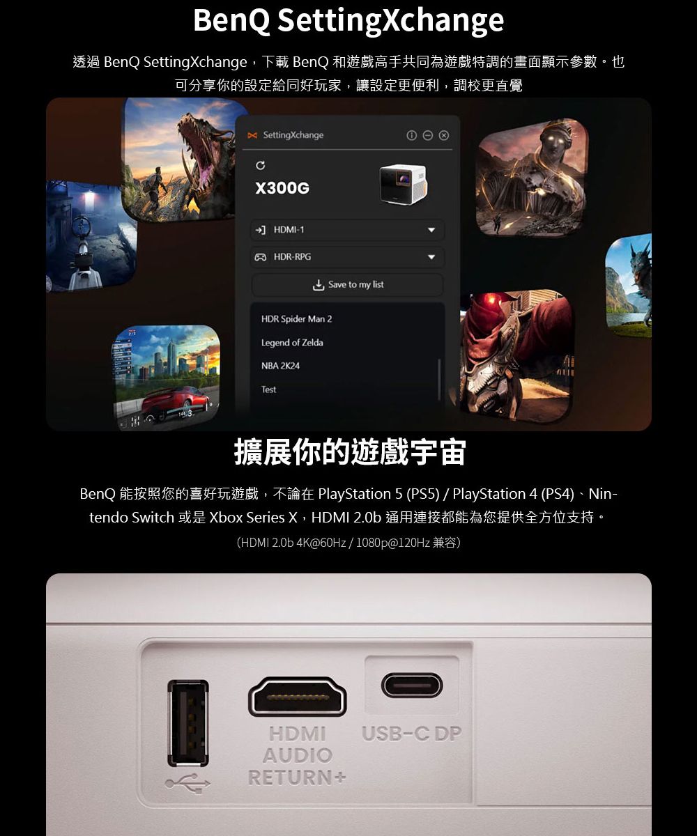 BenQ SettingXchange透過 BenQ SettingXchange,下載 BenQ 和遊戲高手共同為遊戲特調的畫面顯示參數。也可分享你的設定給同好玩家,讓設定更便利,調校更直覺SettingXchangeX300G→ HDMI-1 HDR-RPGHDR Spider Man 2Legend of ZeldaNBA 2K24Save to my listTest①e®擴展你的遊戲宇宙BenQ 能按照您的喜好玩遊戲,不論在 PlayStation 5 (PS5)/ PlayStation 4 (PS4)、Nin-tendo Switch 或是 Xbox Series X,HDMI 2.0b 通用連接都能為您提供全方位支持。(HDMI 2.0b 4K@60Hz/1080p@120Hz 兼容)HDMIUSB-C DPAUDIORETURN+