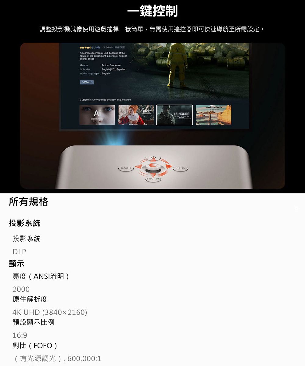 一鍵控制調整投影機就像使用遊戲搖桿一樣簡單無需使用遙控器即可快速導航至所需設定。 1,155 1 h 56 min  A secret experimental unit, because  thefailure of the experiment, a series of energy crisesGenresAction, SuspenseEnglish CC) Audio languages English WatchCustomers who watched this item also watched所有規格投影系統投影系統DLP顯示亮度ANSI流明)2000原生解析度4K UHD (38402160)預設顯示比例16:9對比(FOFO)Ai有光源調光),600,000:1BACKQueen15 HOURS(SOURCE)MENU