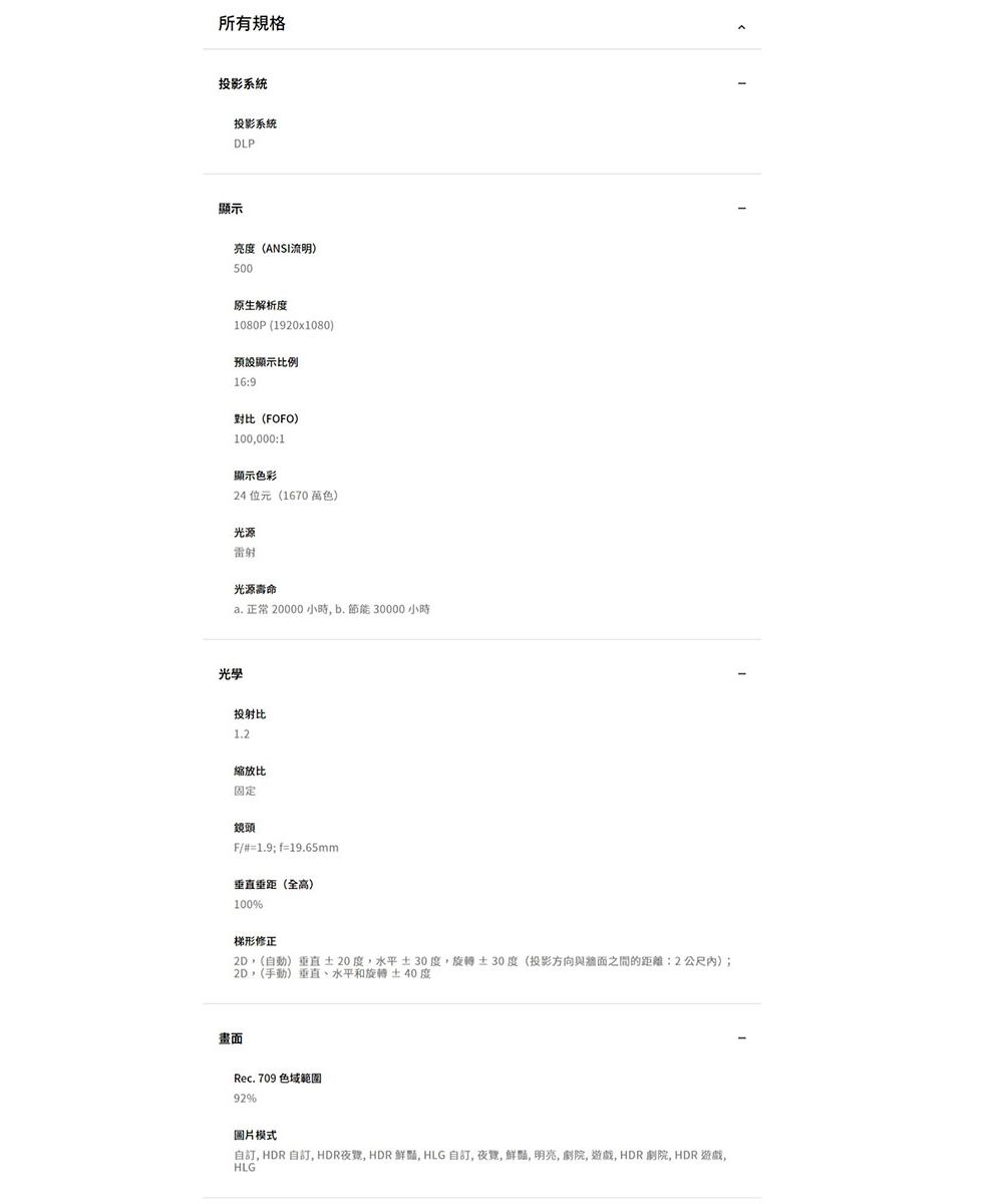 所有規格投影系統投影系統DLP顯示亮度ANSI流明)500原生解析度1080P (1920x1080)預設顯示比例16:9對比(FOFO)100000:1顯示色彩24 位元(1670 萬色)光源雷射光源壽命 正常 20000 小時b節能30000小時光學投射比縮放比固定鏡頭F/#=1.9;f=19.65mm直垂距(全高)100梯形修正2D(自動)20度,水平30度,旋轉30度(投影方向與牆面之間的距離:2公尺內);2D,(手動)垂直、水平和旋轉40度畫面Rec. 709 色域範圍92%圖片模式自, HDR 自, HDR, HDR, HLG自訂,夜, 鮮豔, 明亮, 劇院, 遊戲, HDR劇院, HDR 遊戲,HLG