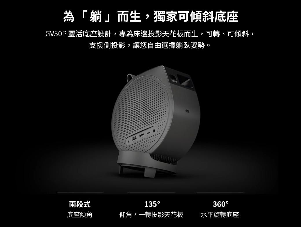 為「躺」而生,獨家可傾斜底座GV50P 靈活底座設計,專為床邊投影天花板而生,可轉、可傾斜,支援側投影,讓您自由選擇躺臥姿勢。兩段式135360底座傾角仰角,一轉投影天花板水平旋轉底座