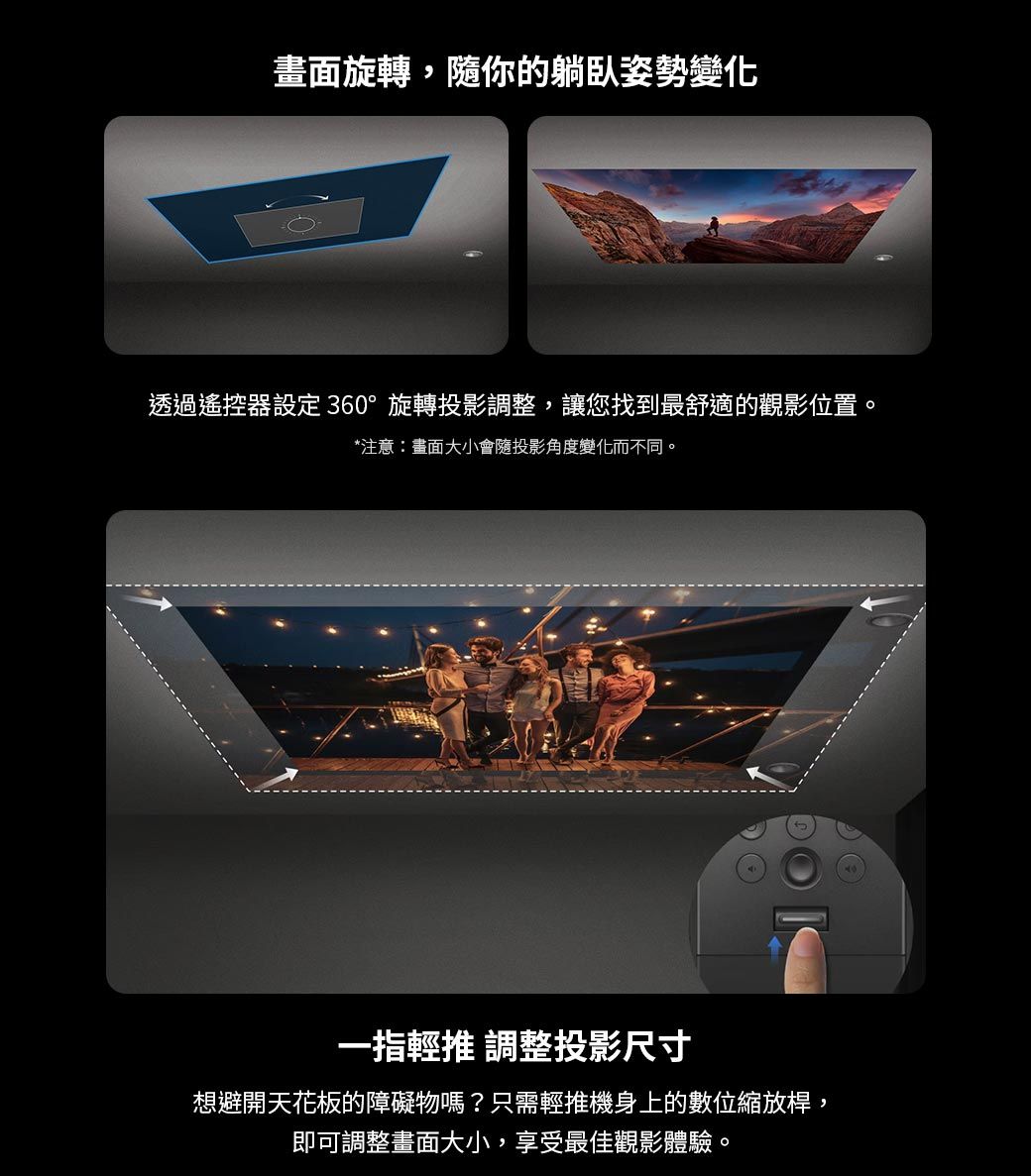 畫面旋轉,隨你的躺臥姿勢變化透過遙控器設定360°旋轉投影調整,讓您找到最舒適的觀影位置。*注意:畫面大小會隨投影角度變化而不同。一指輕推 調整投影尺寸想避開天花板的障礙物嗎?只需輕推機身上的數位縮放桿,即可調整畫面大小,享受最佳觀影體驗。