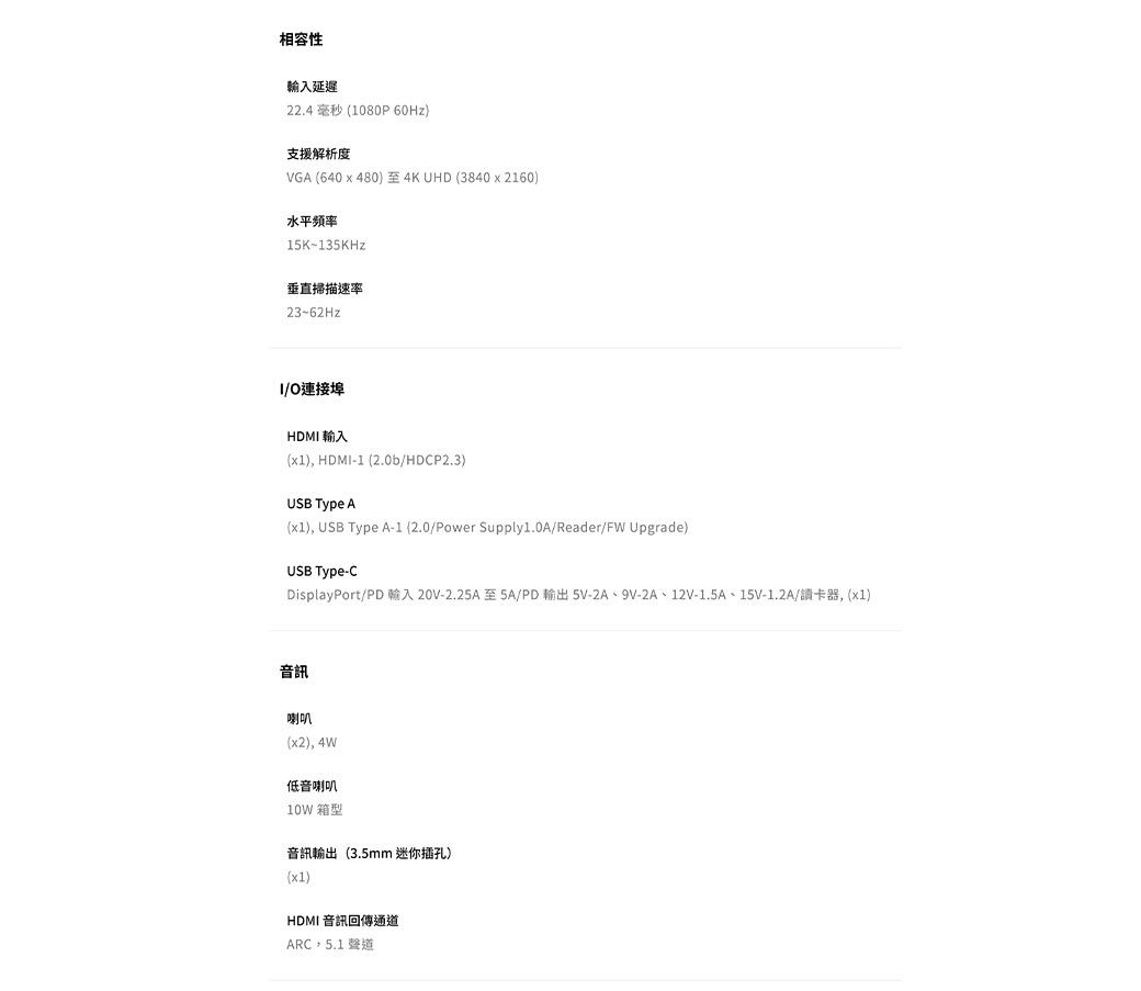 相容性輸入延遲22.4 毫秒 1080P 60Hz支援解析度VGA (640x480)至4K UHD (3840x2160)水平頻率15K~135KHz垂直掃描23~62Hz/O連接埠HDMI 輸入(), HDMI-1 (2.0b/HDP2.3)USB Type A(x1), USB Type A-1 (2.0/Power Supply1.0A/Reader/FW Upgrade)USB Type-CDisplayPort/PD 輸入20V-2.25A至5A/PD輸出5V-2A、9V-2A、12V-1.5A、15V-1.2A/讀卡器,(x1)音訊喇叭(x2), 4W低音喇叭10W 箱型音訊輸出(3.5mm 迷你插孔)(x1)HDMI 音訊回傳通道ARC 5.1 聲道