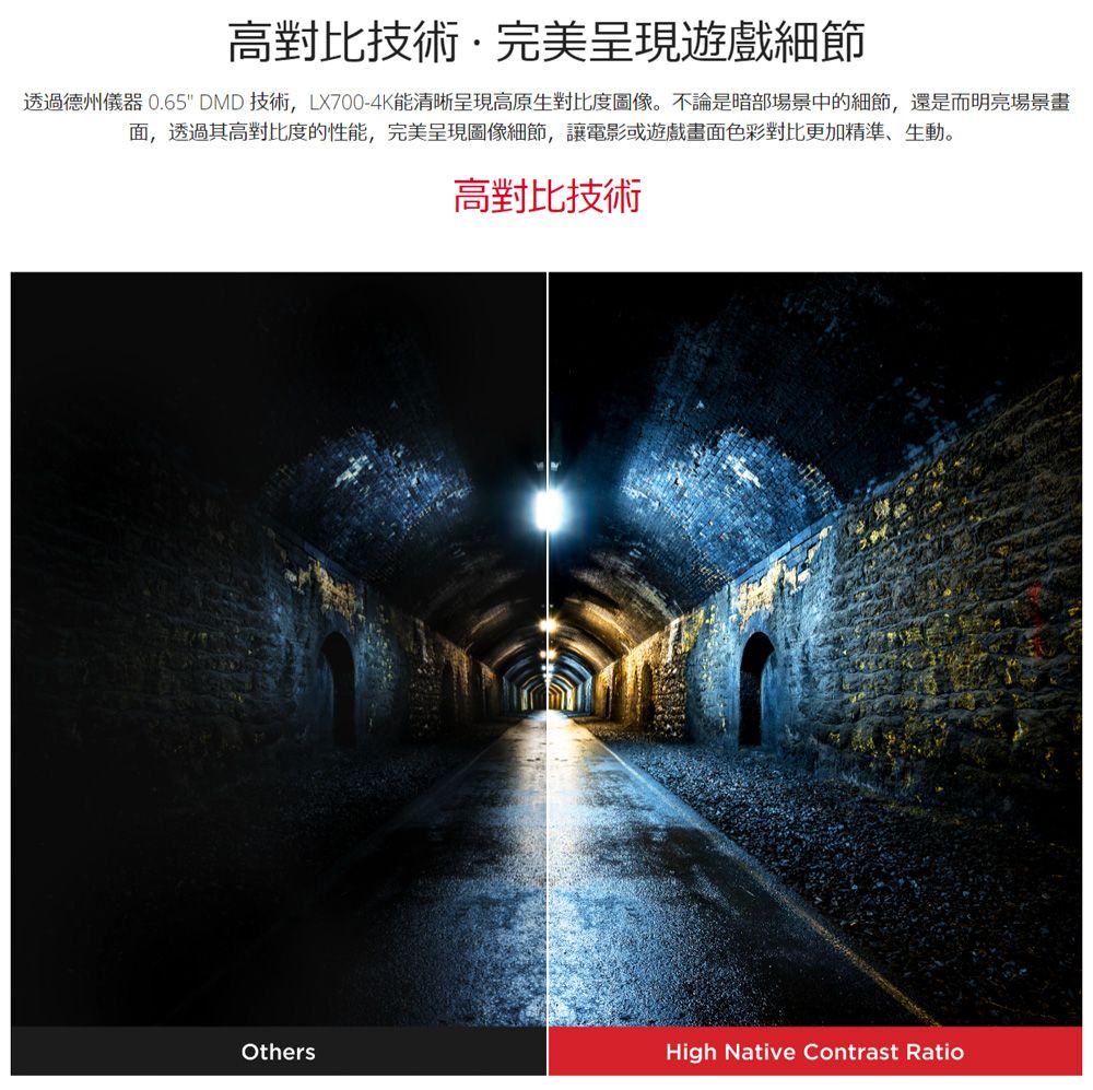 高對比技術完美呈現遊戲細節透過德州儀器 0.65 DMD 技術, LX700-4K能清晰呈現高原生對比度圖像。不論是暗部場景中的細節,還是而明亮場景畫面,透過其高對比度的性能,完美呈現圖像細節,讓電影或遊戲畫面色彩對比更加精準、生動。高對比技術OthersHigh Native Contrast Ratio
