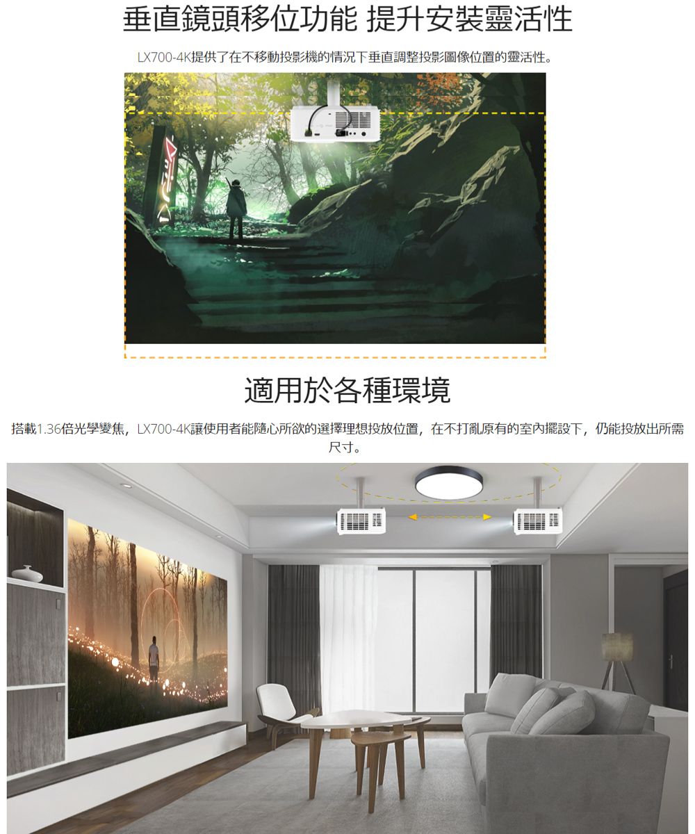 垂直鏡頭移位功能 提升安裝靈活性LX700-4K提供了在不移動投影機的情況下垂直調整投影圖像位置的靈活性。適用於各種環境搭載1.36倍光學變焦,LX700-4K使用者能隨心所欲的選擇理想投放位置,在不打亂原有的室內擺設下,仍能投放出所需尺寸。