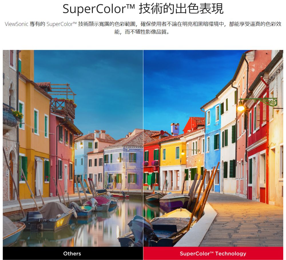 SuperColorT 技術的出色表現ViewSonic 的 SuperColor 技術顯示寬廣的色彩範圍,確保使用者不論在明亮和黑暗環境中,都能享受逼真的色彩效能,而不犧牲影像品質。OthersSuperColor Technology