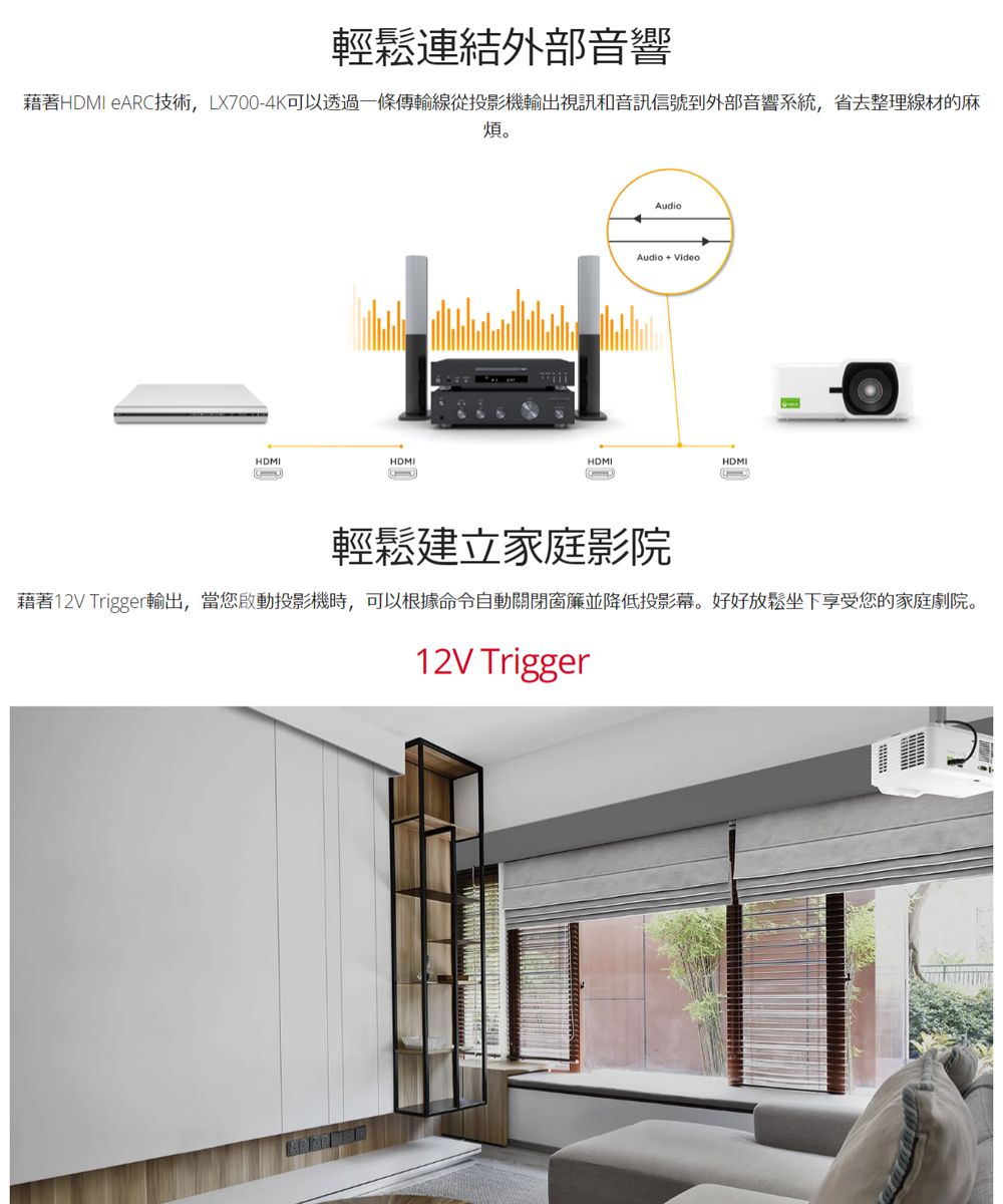輕鬆連結外部音響藉著HDMI eARC技術,LX700-4K可以透過一條傳輸線從投影機輸出視訊和音訊信號到外部音響系統,省去整理線材的麻煩。HDMIHDMIAudioAudio+VideoHDMIHDMI輕鬆建立家庭影院藉著12V Trigger輸出,當您啟動投影機時,可以根據自動關閉窗簾並降低投影幕。好好放鬆坐下享受您的家庭劇院。12V Trigger