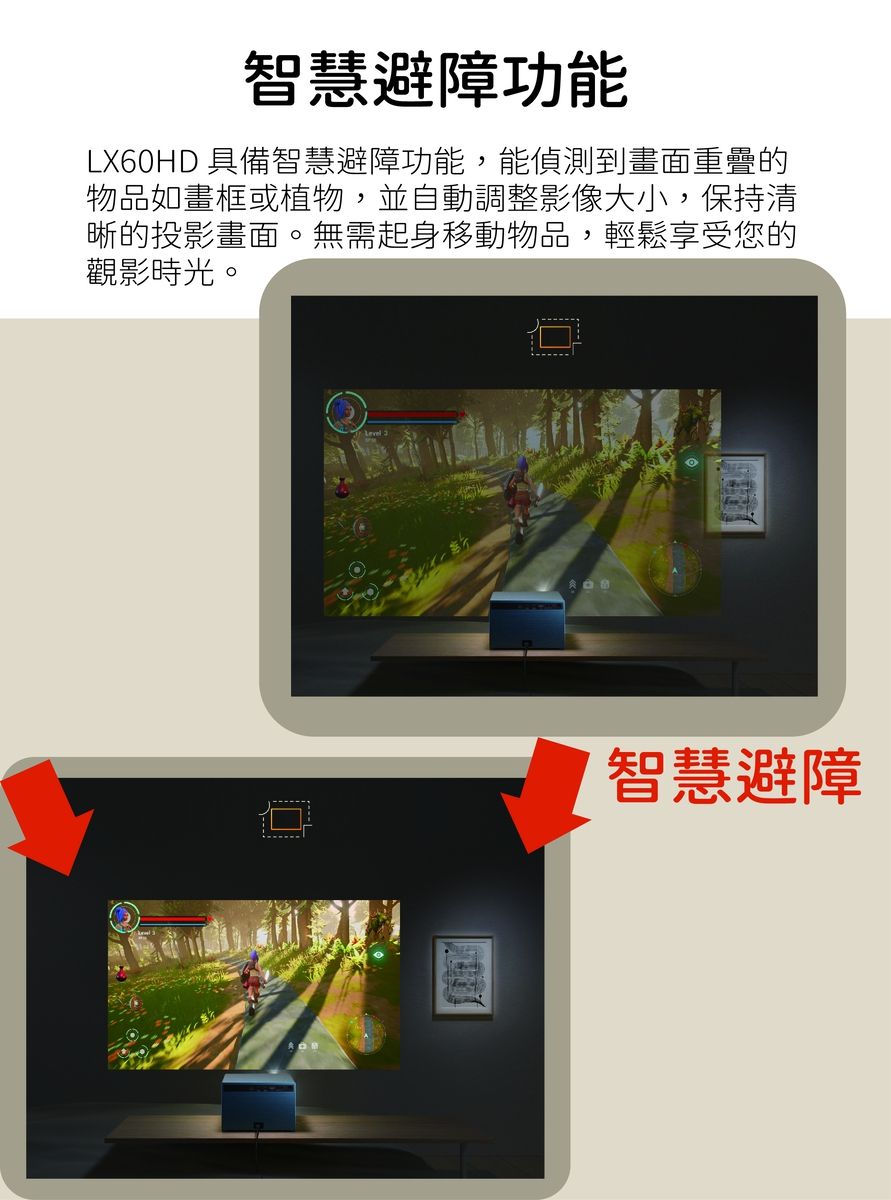 智慧避障功能LX60HD 具備智慧避障功能,能偵測到畫面重疊的物品如畫框或植物,並自動調整影像大小,保持清晰的投影畫面。無需起身移動物品,輕鬆享受您的觀影時光。智慧避障