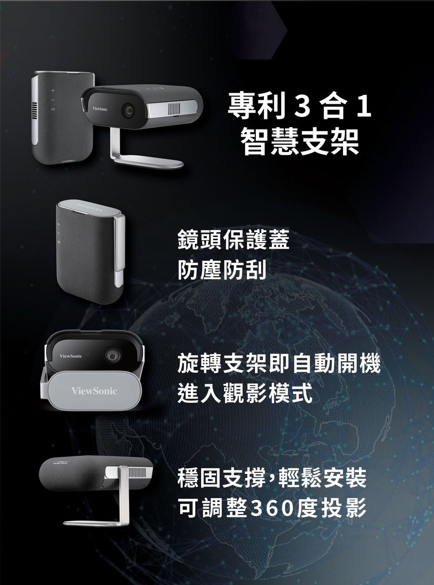 ViewSonic專利3合1智慧支架鏡頭保護蓋防塵防刮旋轉支架即自動開機進入觀影模式穩固支撐,輕鬆安裝可調整360度投影