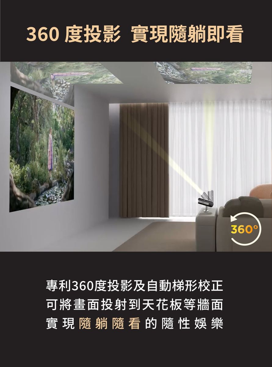 360 度投影 實現隨躺即看專利360度投影及自動梯形校正可將畫面投射到天花板等牆面實現隨躺隨看的隨性娛樂360