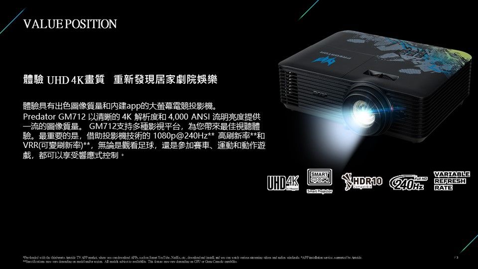 Predator 4K UHD智慧電競投影機GM712 PChome 24h購物