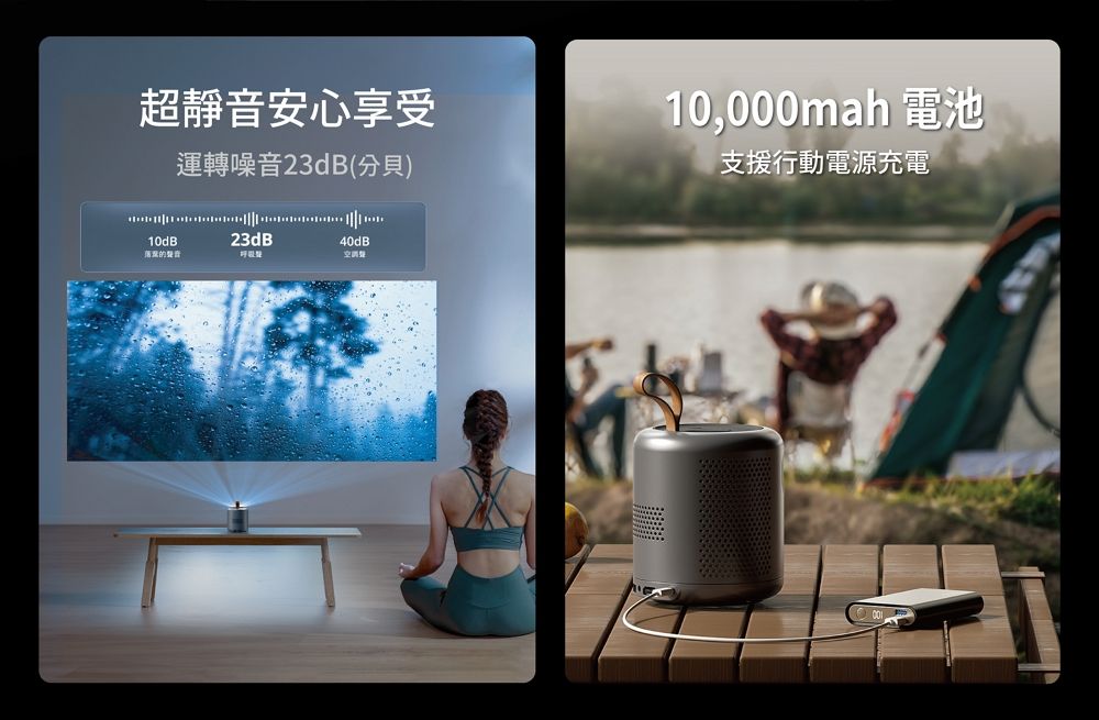 超靜音安心享受運轉噪音23dB(分貝)10,000mah 電池支援行動電源充電10dB23dB40dB的音呼吸聲